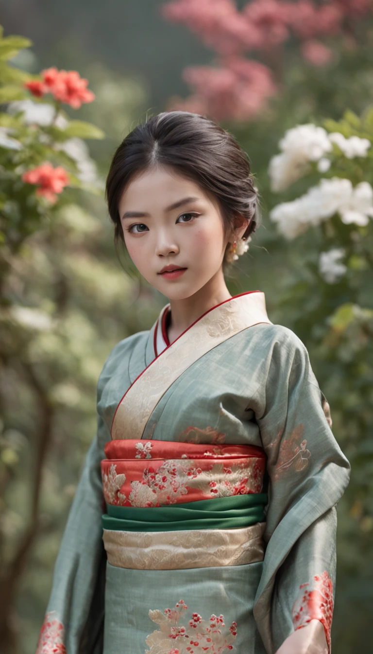 Captured with the utmost precision and artistic finesse, this masterpiece of CGI artistry stands as a testament to the boundless potential of creativity. A child, adorned in a traditional Japanese kimono, becomes the vibrant centerpiece of this scene. The kimono is not merely cloth; it's an expression of culture and history, an embodiment of heritage.

The child's visage is transformed with traditional makeup, bringing out the essence of the surroundings. An elaborate hairstyle, carefully arranged, pays homage to centuries of artistry and beauty. As the model stands amidst a garden resplendent with an array of colorful flowers, the atmosphere exudes an energy of joy that's positively contagious.

A genuine smile, captivating in its warmth, graces the child's face. Bright, clear green eyes shine like gems against flawless skin and short hair, all meticulously captured in a full-body photo. Every detail, from the intricacies of the kimono to the subtle nuances of expression, is rendered with unparalleled precision.

The immersive blend of tradition and modernity is brought to life through cinematic mastery. Hyper-detailed and hyper-realistic, the scene thrives with the vibrancy of life itself. The Unreal Engine is harnessed to create a level of detail that transcends the ordinary, enabling the viewer to immerse themselves in the art.

Lighting and composition work harmoniously to create an impressive visual composition. Volumetric lighting casts its ethereal glow, seamlessly blending with the meticulously graded colors. Post-processing, tone mapping, and HDR bring out the nuances that a casual glance might miss.

The image, rendered with octane precision, is a feast for the eyes, boasting a resolution that stretches the boundaries of definition. The combination of Unreal Engine and megapixel depth ensures each pixel is an experience in itself. A stunning 16K resolution ensures that even the tiniest intricacies stand out.
