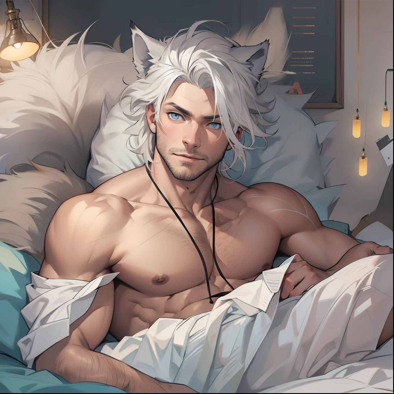 athletic Male with light beard, has flowing white hair, has wolf ears, has wolf tail, shirtless, playful, solo, alone, has bright blue eyes, , relaxing on a bed,