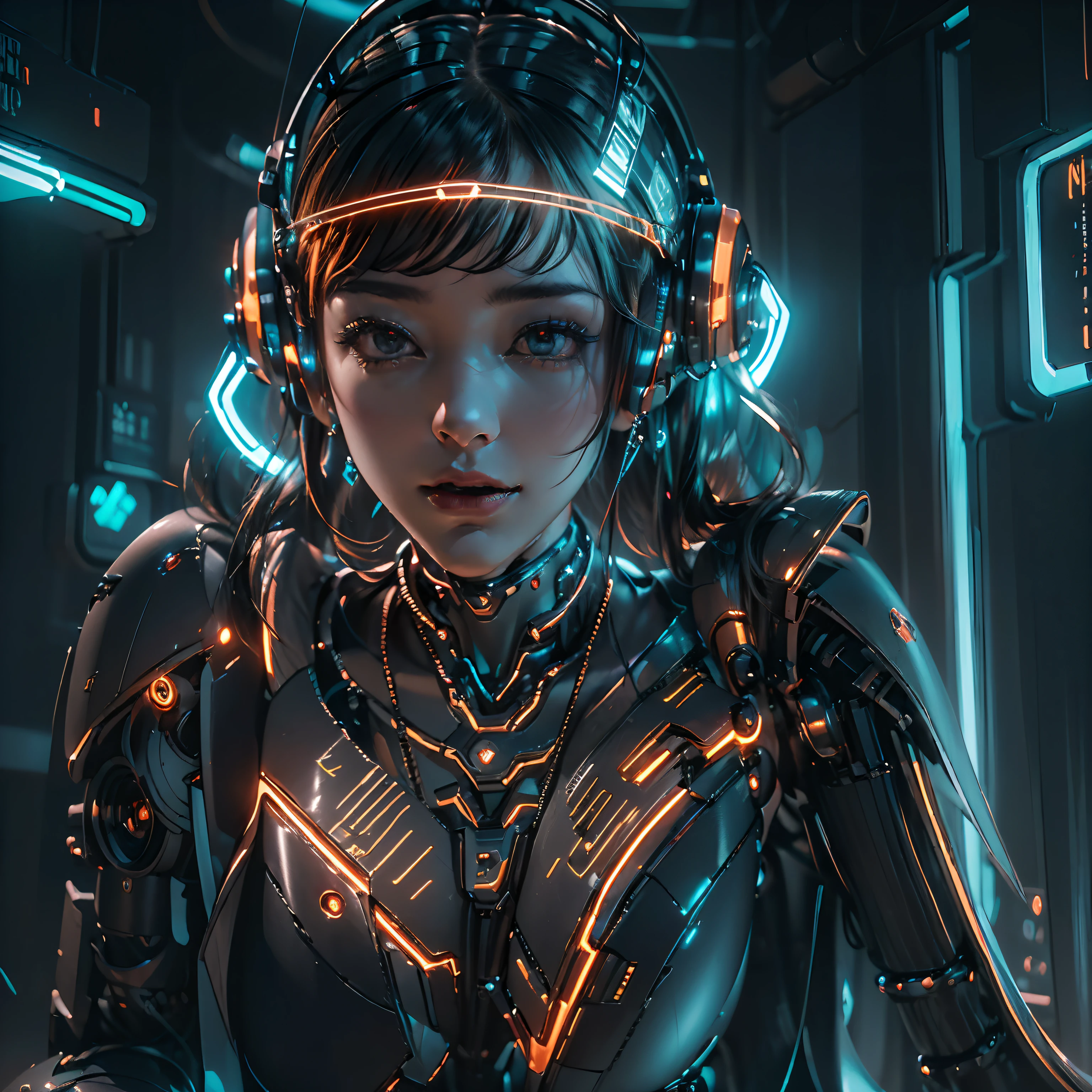 1girll，(cyber punk perssonage:1.3)，Bring headphones，Illuminated helmet and headphones，glowing jewelry，Glowing earrings，Glowing necklace，inside in room，Electronic wire background，best qualtiy，tmasterpiece，Movie filter presets，movie level lighting，c4d渲染，rendering by octane，with light glowing，((Orange light))，(full bodyesbian:1.5)，slender leg，perfect foot，High chiaroscuro，(There is no light on the face :1.5)Split arm，