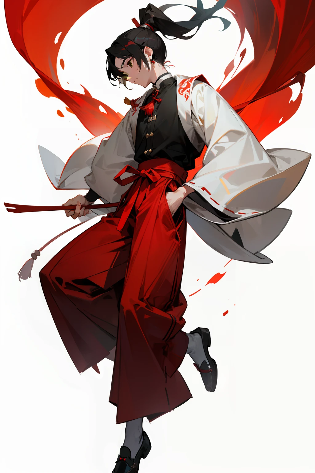 Boy's loose red trousers with green eyes and red Han elements and white high ponytail menswear,Wearing Miao wide-sleeved clothes,Around his neck he wore a large scattered strewn silver ornament。The overall look has a juvenile feel,Wear black cloth shoes on your feet,There are earrings on the right ear。