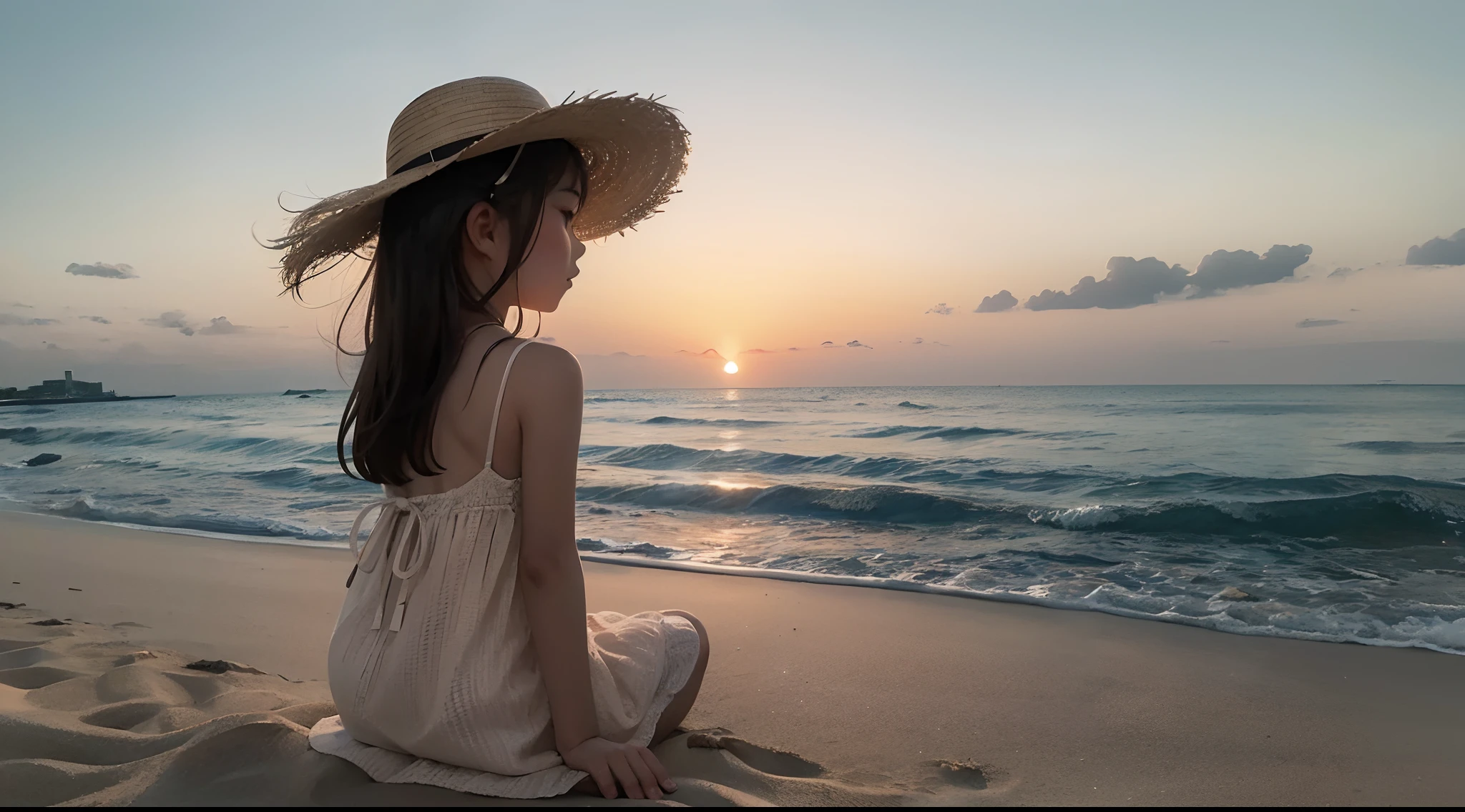 Beach with sunset、Orange sky、A small pile of sand in front、Rear view of a little girl sitting in the back、She wears a straw hat and a dress、Romantic feeling of the end of summer、