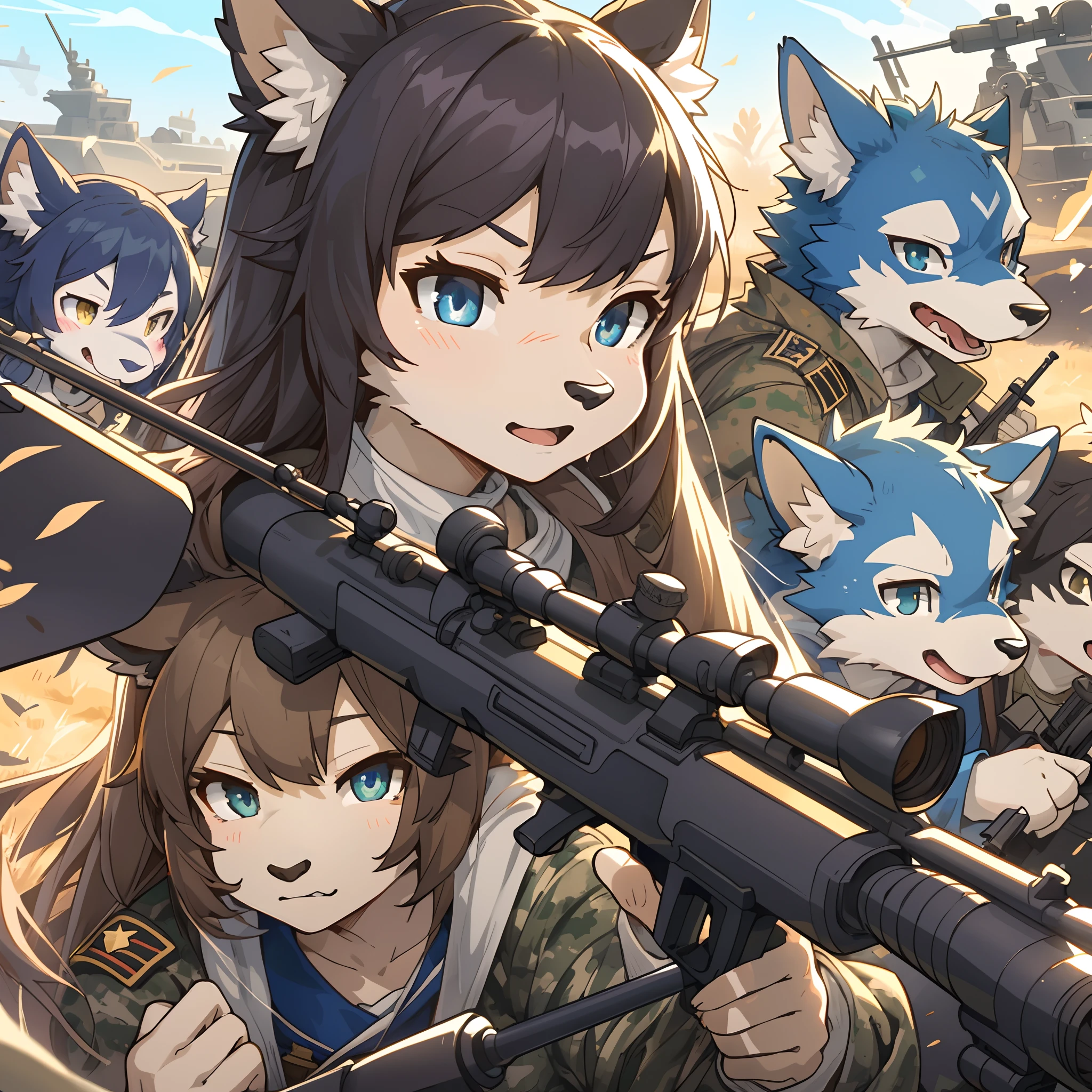 top quality, best quality, High-quality illustrations, masterpiece, super high resolution, detailed background, Military Headquarters, Maritime Self-Defense Force, rifle, sniper, battlefield, 6+boys, 6+girls, absurdres(highly detailed beautiful face and eyes)perfect anatomy, expression, good lighting, cinematic shadow(kemono, furry anthro)assorted poses, dynamic angle,