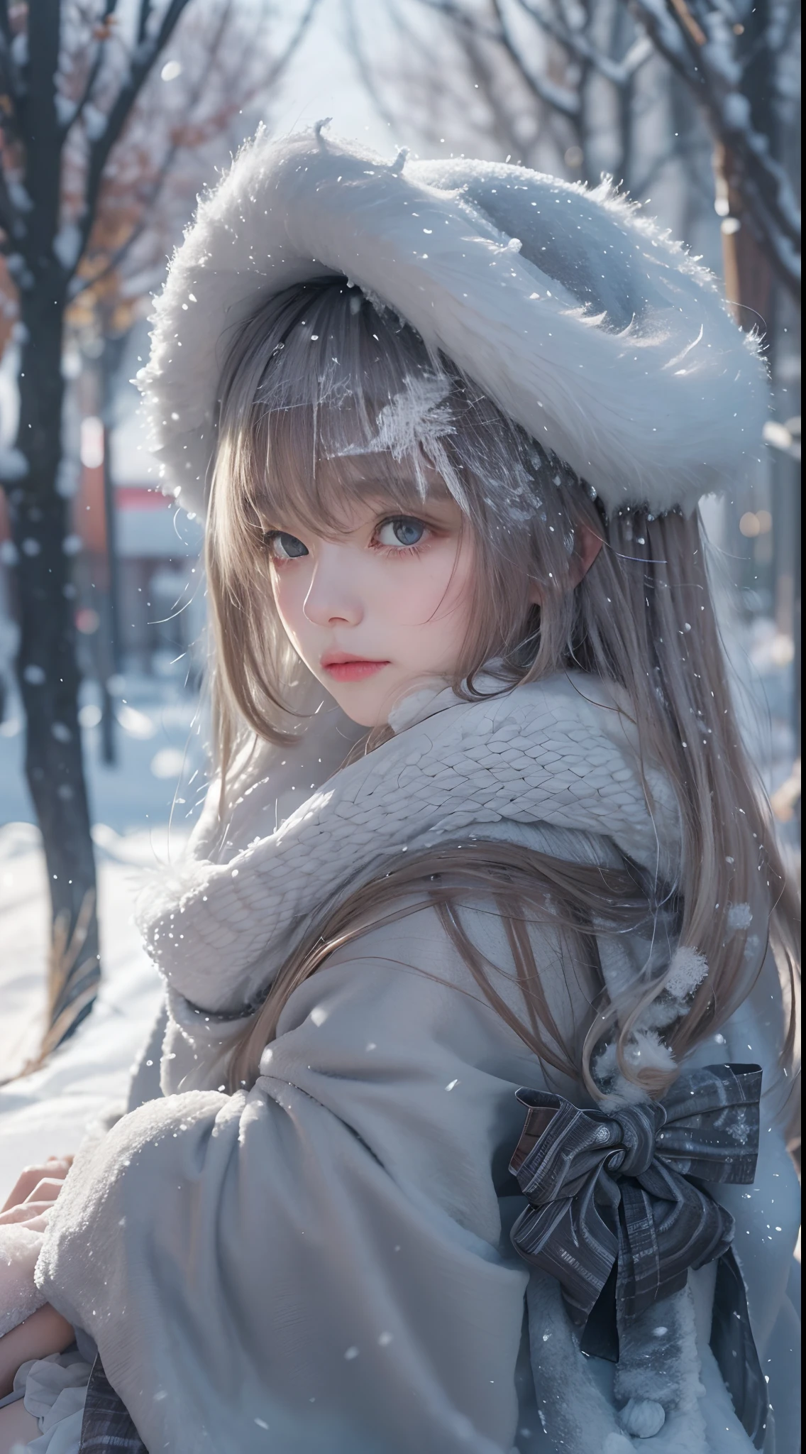 ((Works of masters))，(超高分辨率)，1 girl,Glowing eyes，Tears of sadness， Sitting, ta costume，Cloak (Snow, Snow，Outdoor activities in winter:1.2),