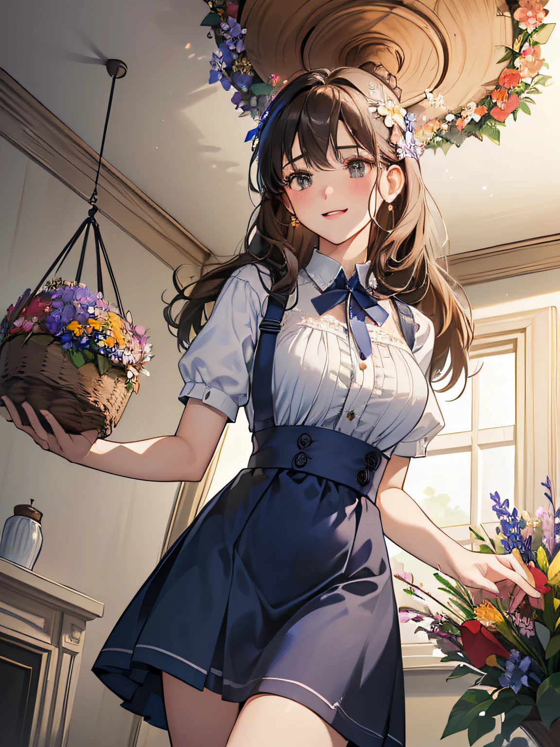 ((1girl in)),Light brown fringed hair、Braided hair、Disheveled hair、Light brown eyes、(smiling wryly)、(爆乳:1.4)、Emphasize the valley、fittingroom、(Photorealsitic)、(intricately details:1.2)、(tmasterpiece、:1.3)、(top-quality:1.4)、(超A high resolution:1.2)、超A high resolution、(A detailed eye)、(Detailed facial features)、 (Dark blue slip skirt:1.4),(Dark blue apron:1.2), (double-breasted,underbust:1.2), (Navy blue high-rise miniskirt:1.3), (Dark blue skirt apron:1.3), (White shirt:1.2), buttonGap,Short sleeves, name badge,(Red blush:1.2)、(Flower shop:1.4)、(The background is full of flowers:1.4)、(Bouquet in hand:1.4)、(There are many flowers in the vase:1.4)、(Baskets full of flowers hang from the ceiling:1.4)