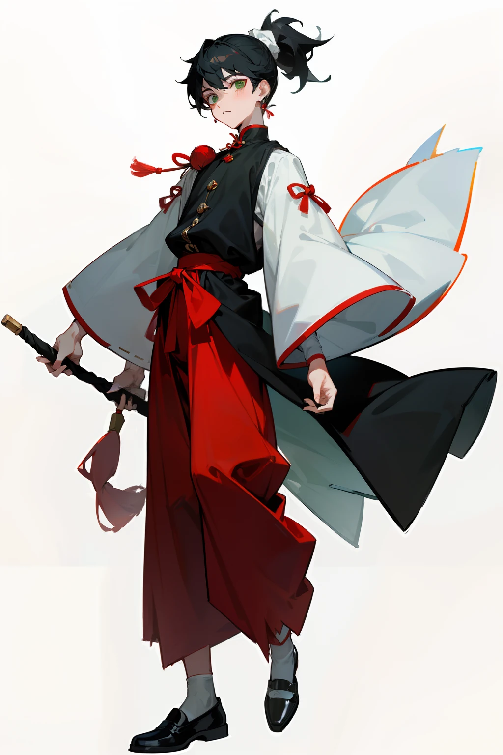The boy wears loose red trousers with green eyes and white high ponytail men's clothing,Wearing Miao wide-sleeved clothes,Around his neck he wore a large scattered strewn silver ornament。The overall look has a juvenile feel,Wear black cloth shoes on your feet,There are earrings on the right ear。