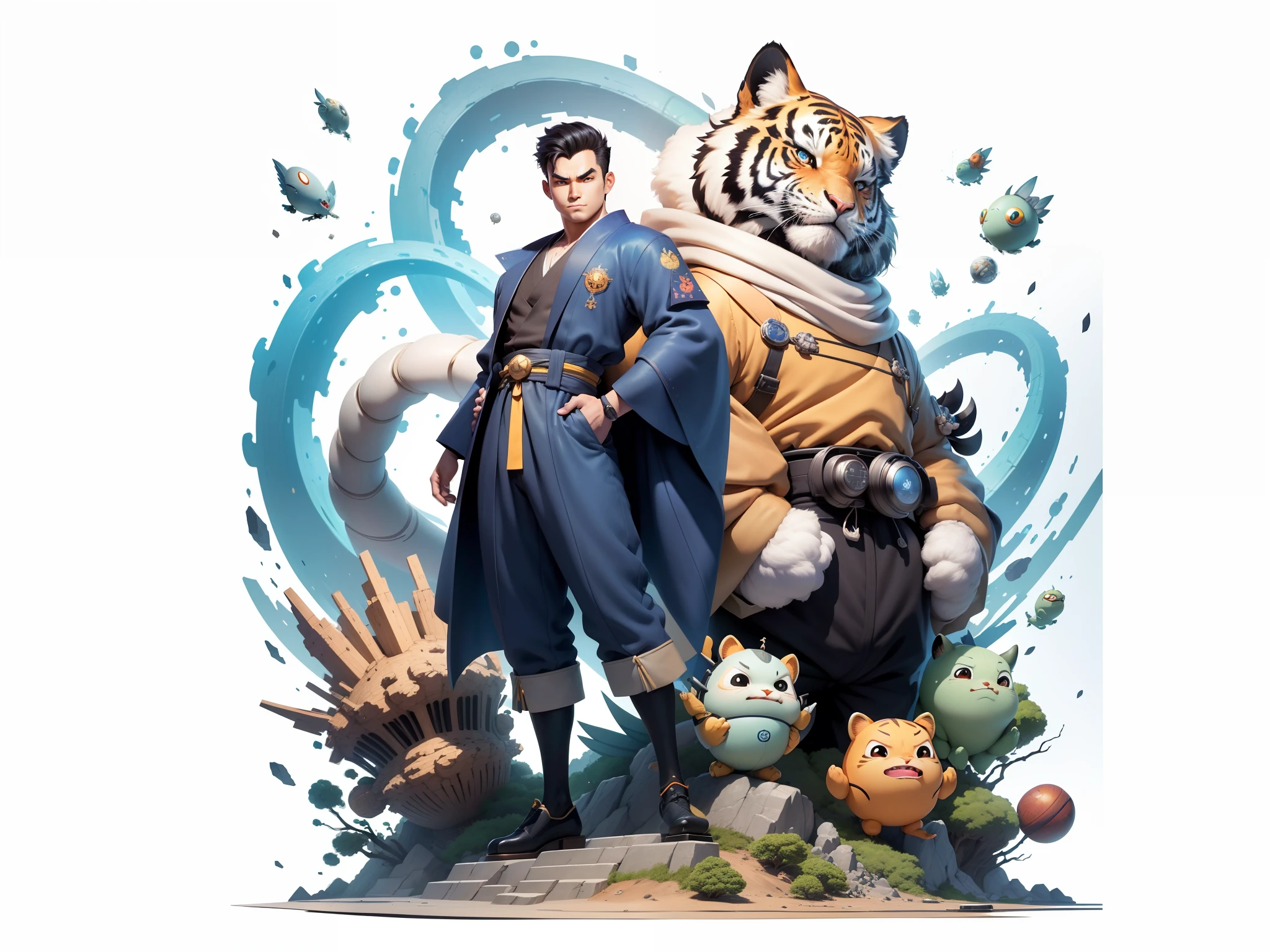 (Masterpiece), (Excellent), (Super Meticulous), (Full Body: 1.2), Super Young Man, Oriental Face, Japanese Kimono, Japanese Wind Thunder God, Dragon, Tiger, TV Anchor, Bust Portrait Illustration, Alone, Black Suit, Blue Tie, Slightly Chubby Face, Very Clean Face, No Beard, Black Super Short Hair, Black Eyes, Confident Smile, 3c Computer Sub-Products, iPad, iPhone, Digital Painting, 3D Character Design by Akira Toriyama and Mark Claireden and Pixar and Hayao Miyazaki, The illustration is a high-definition illustration in 4K resolution with very detailed facial features and cartoon-style visuals.