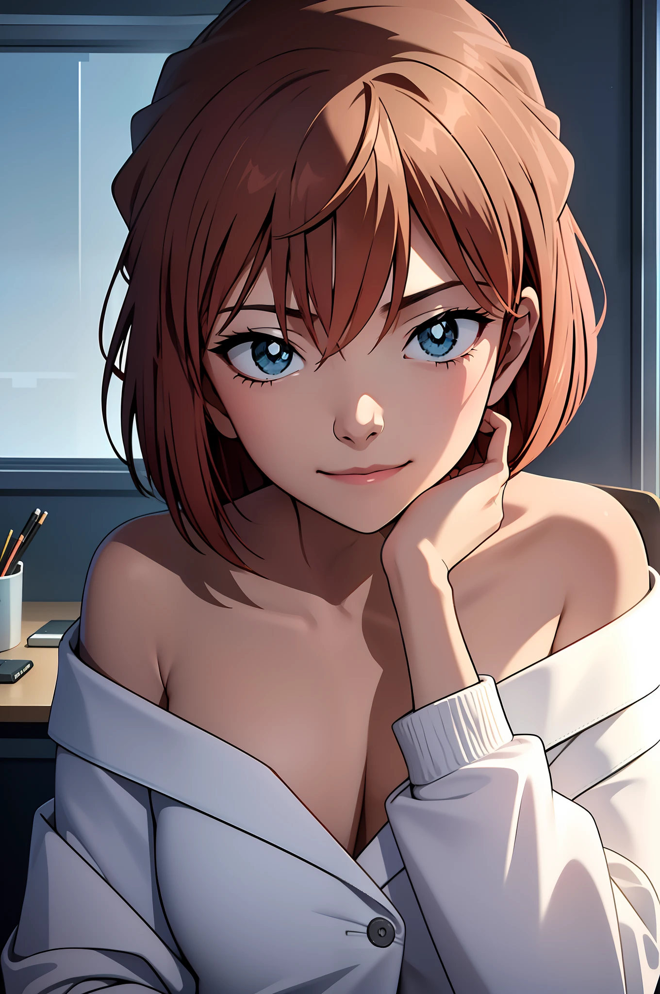 1girll,  ((tmasterpiece, best qualityer, 8K))，As you wish，Off-the-shoulder attire，ssmile，Close-up，looks into camera，Be red in the face，inside in room，Beautiful detailed eyes，Detailed background，office room，office desk，White coat，Greenery