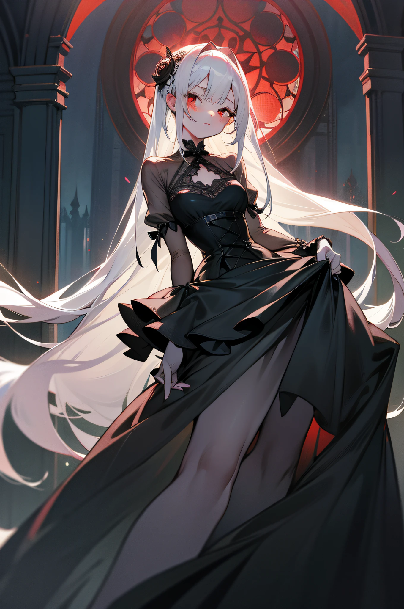Gothic aura,But cute perfect figure and big glass on the face blushing white hair,More detailed face, Perfect hand,bare-legged, See-through dresses, 废墟, the night, rosette, Outdated interior, Long gray hair, red eyes