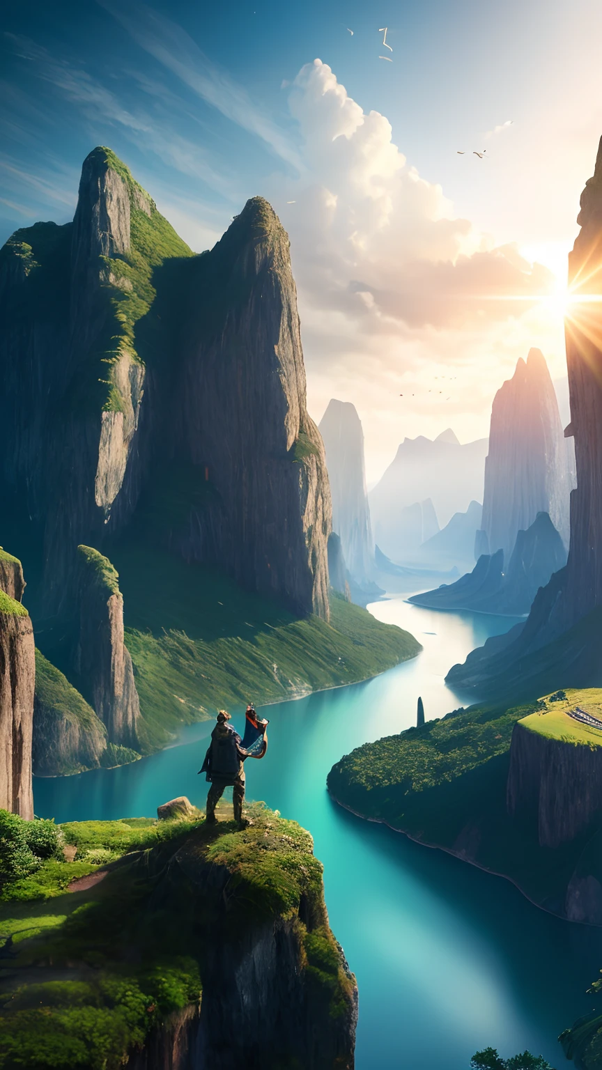 Masterpiece, best quality, high quality, extremely detailed CG unity 8k wallpaper, landscape, outdoor, sky, cloud, sky, no humans, mountain, landscape, water, tree, blue sky, waterfall, cliff, nature, lake, river , cloudy skies, award winning photography, bokeh, depth of field, HDR, bloom, chromatic aberration, photorealism, very detailed, trending on artstation, trending on CGsociety, intricate, high detail, dramatic, midjourney art