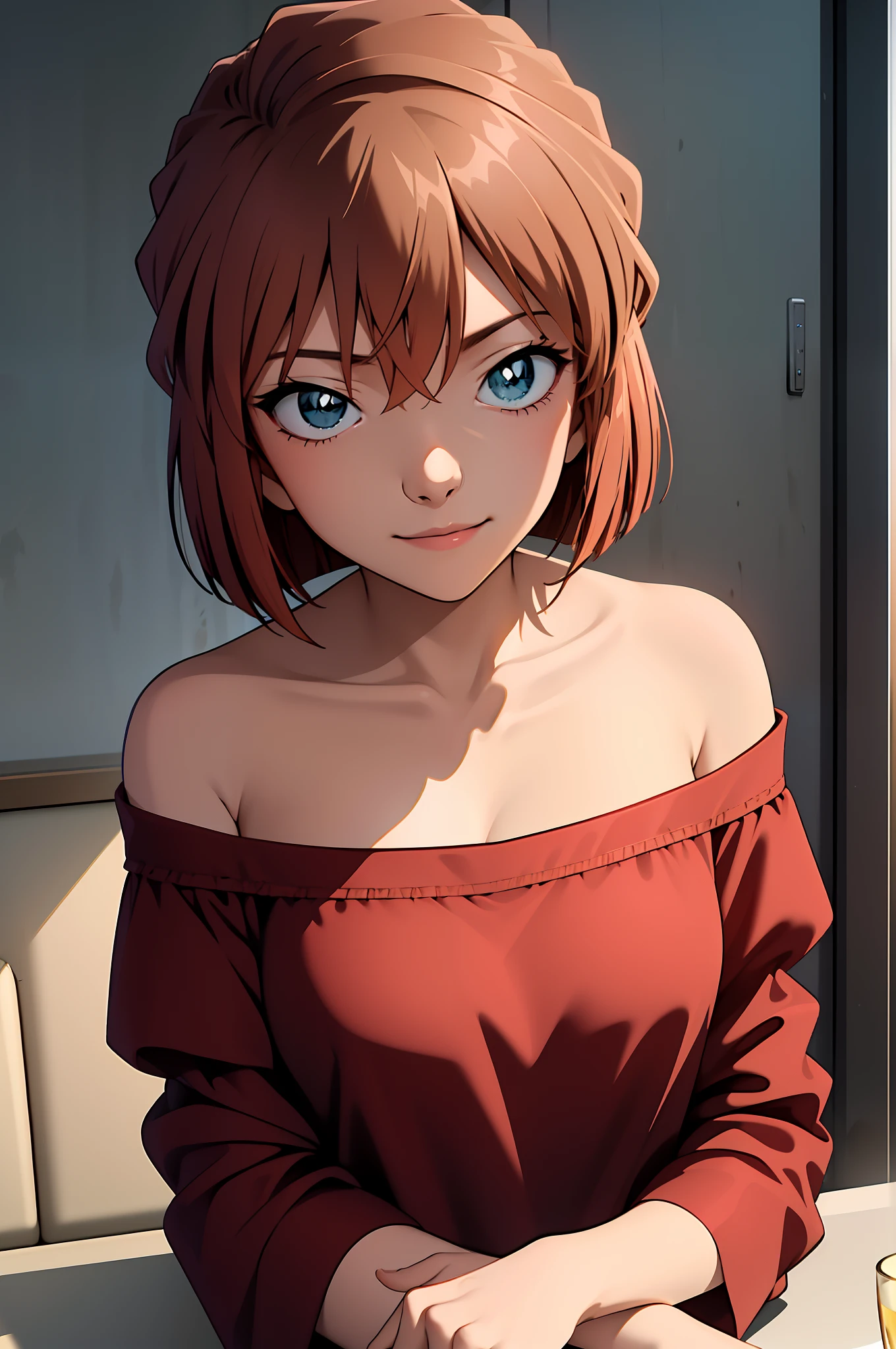 1girll,  ((tmasterpiece, best qualityer, 8K))，As you wish，Off-the-shoulder attire，ssmile，Close-up，looks into camera，Be red in the face，inside in room，Beautiful detailed eyes，Detailed background