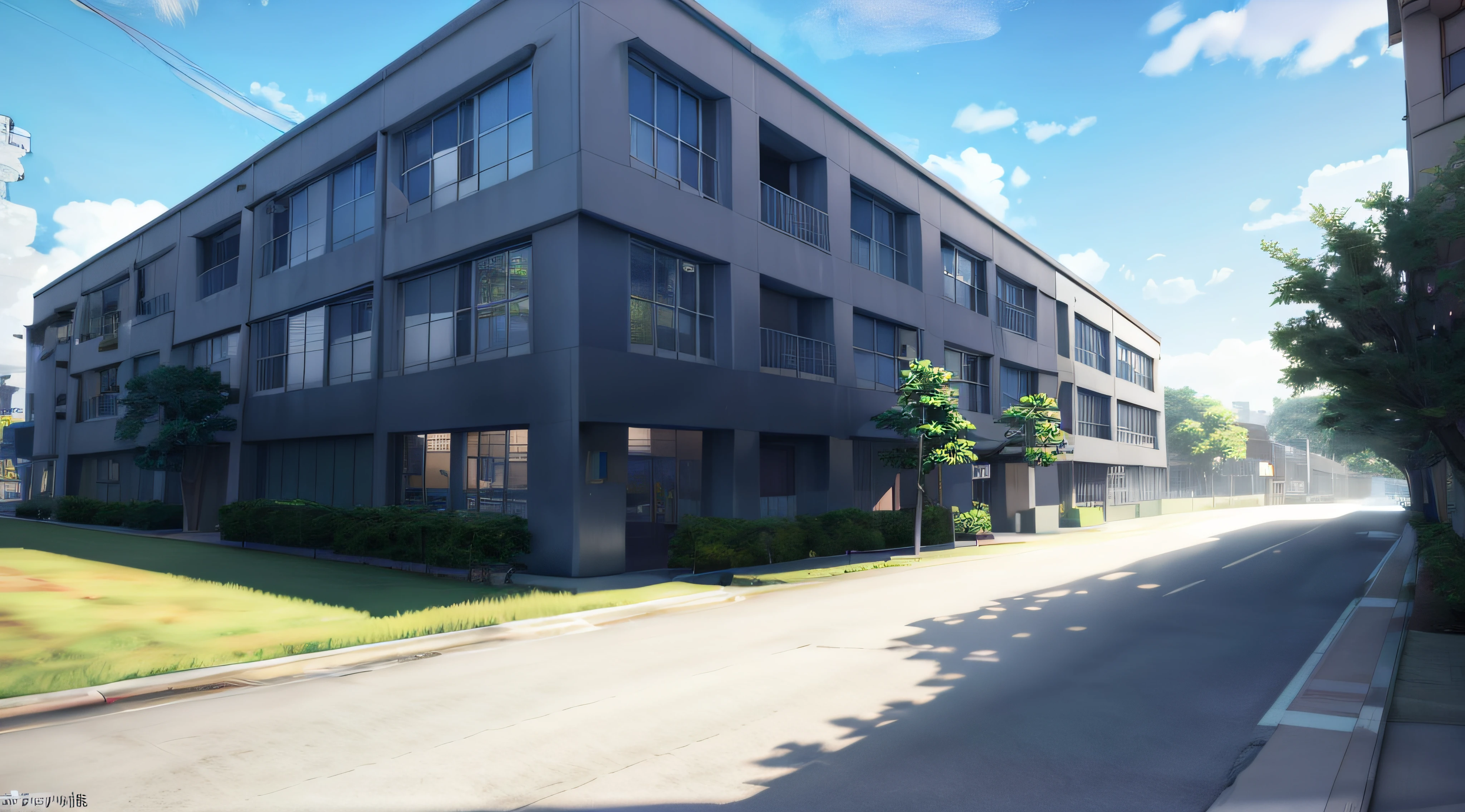 There is a building，Lots of windows next to it, realistic establishing shot, Rendered in Lumion Pro, Realistic anime 3 D style, semi - realistic render, realistic building, style of madhouse studio anime, highly detailed render, photoreal render, fully detailed render, Realistic physical rendering, Rendered in Lumion, kyoto animation studio, lumion render