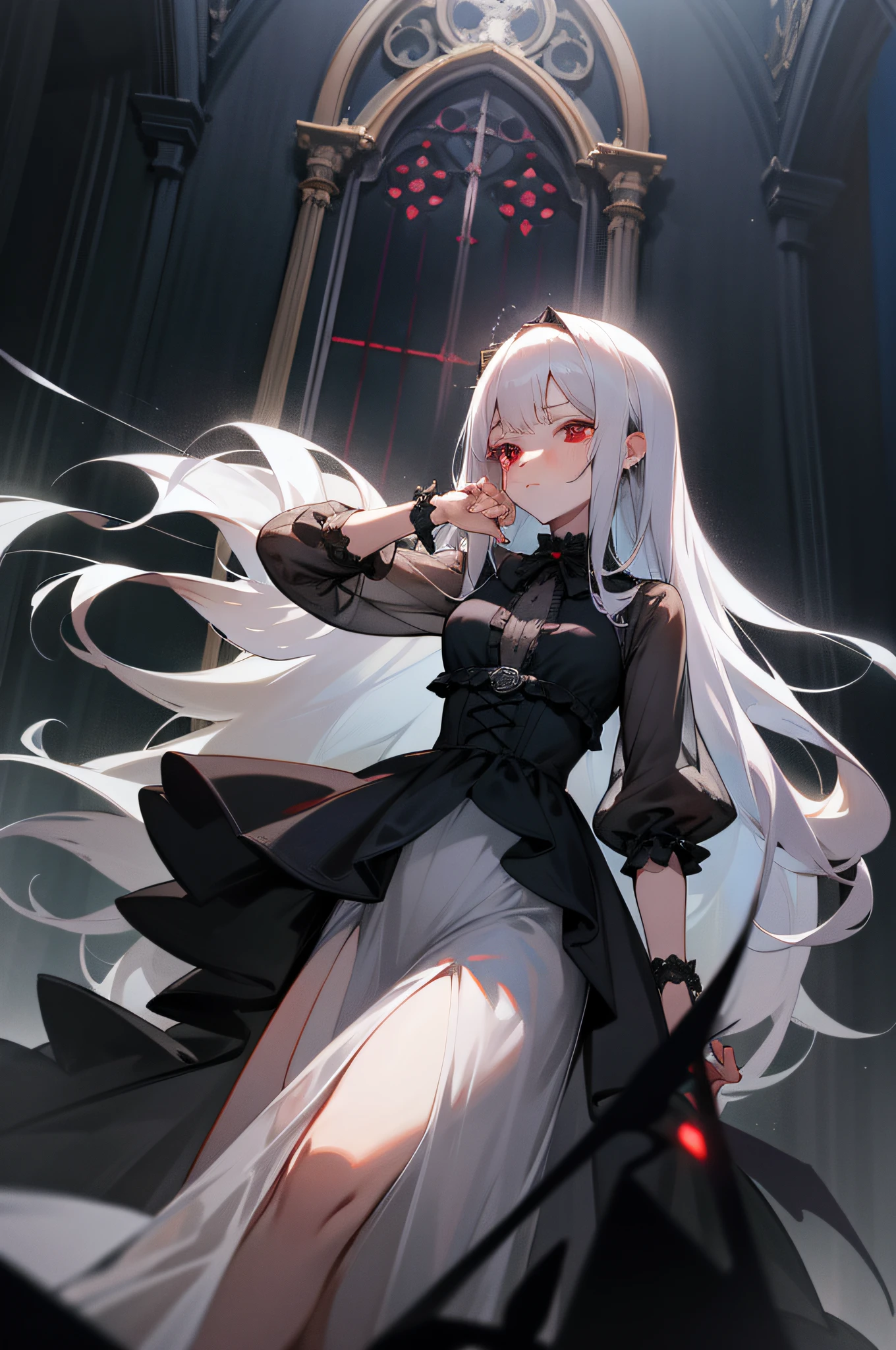Gothic aura,But cute perfect figure and big glass on the face blushing white hair,More detailed face, Perfect hand,bare-legged, See-through dresses, 废墟, the night, rosette, Outdated interior, Long gray hair, red eyes