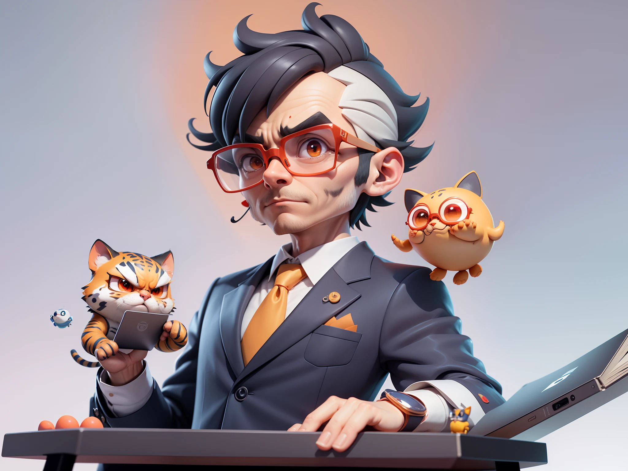 A young man in a suit, Short hair and glasses sat at his desk,holding laptop,digitial painting,tigre,3D character design by Mark Clairen and Pixar and Hayao Miyazaki and Akira Toriyama,4K HD illustration,Very detailed facial features and cartoon-style visuals。
