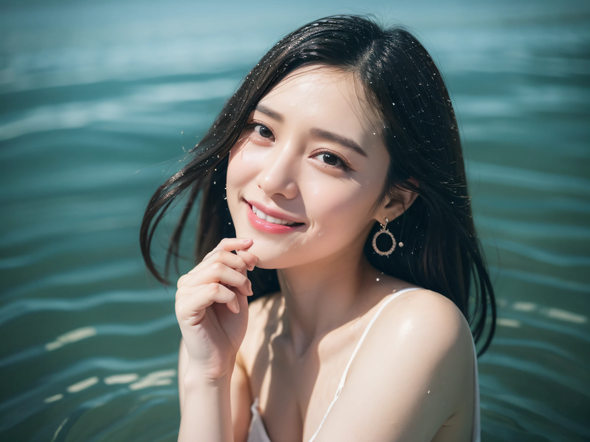 1womanl,Korea person,Round face、tapknot,poneyTail,G-string(G-string:1.5),top-quality、ultra-detailliert、high-resolution illustrations、Ultra-high-definition CG、coustics、Skin quality improvement、reality、masterpiece、high detal,sea side,a smile(a smile:1.2)