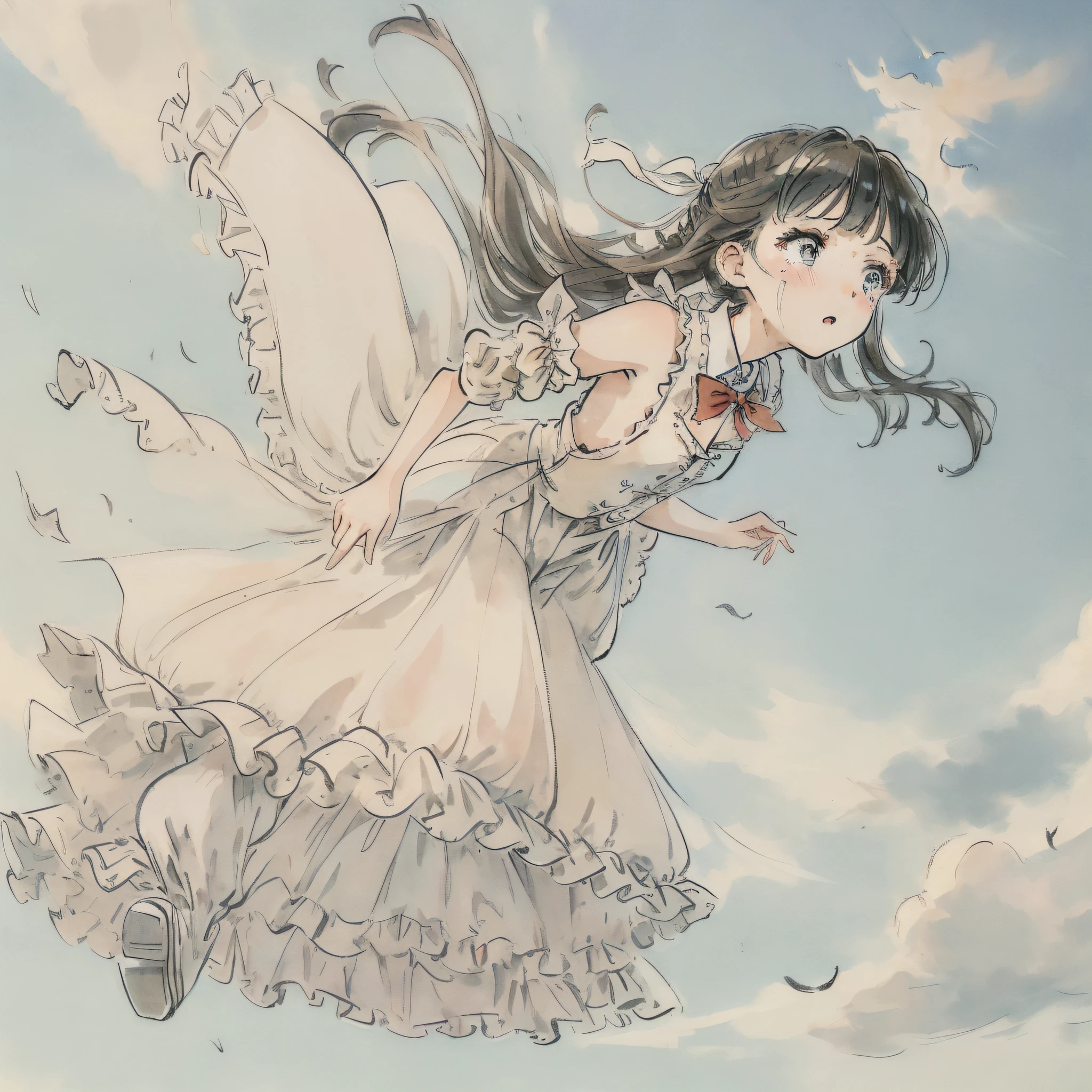 ((masterpiece)),(((best quality))),((ultra-detailed)),((((full body)))),(unhelpless),tear,crying,((((( falling from the sky))))),(( Weathering With You)),(((full body))),(illustration), (1 girl),((falling)),tear,((face towards the sky)),(hair flows upwards),((illustration)),((disheveled hair)),anime screeshot,((frills)),(1 girl),big top sleeves, floating,beautiful detailed isky,beautiful detailed eyes,overexposure,,expressionless,side blunt bangs,hairs between eyes, ribbons,bowties,buttons,bare shoulders,(((small breast))), detailed clothes,blank stare