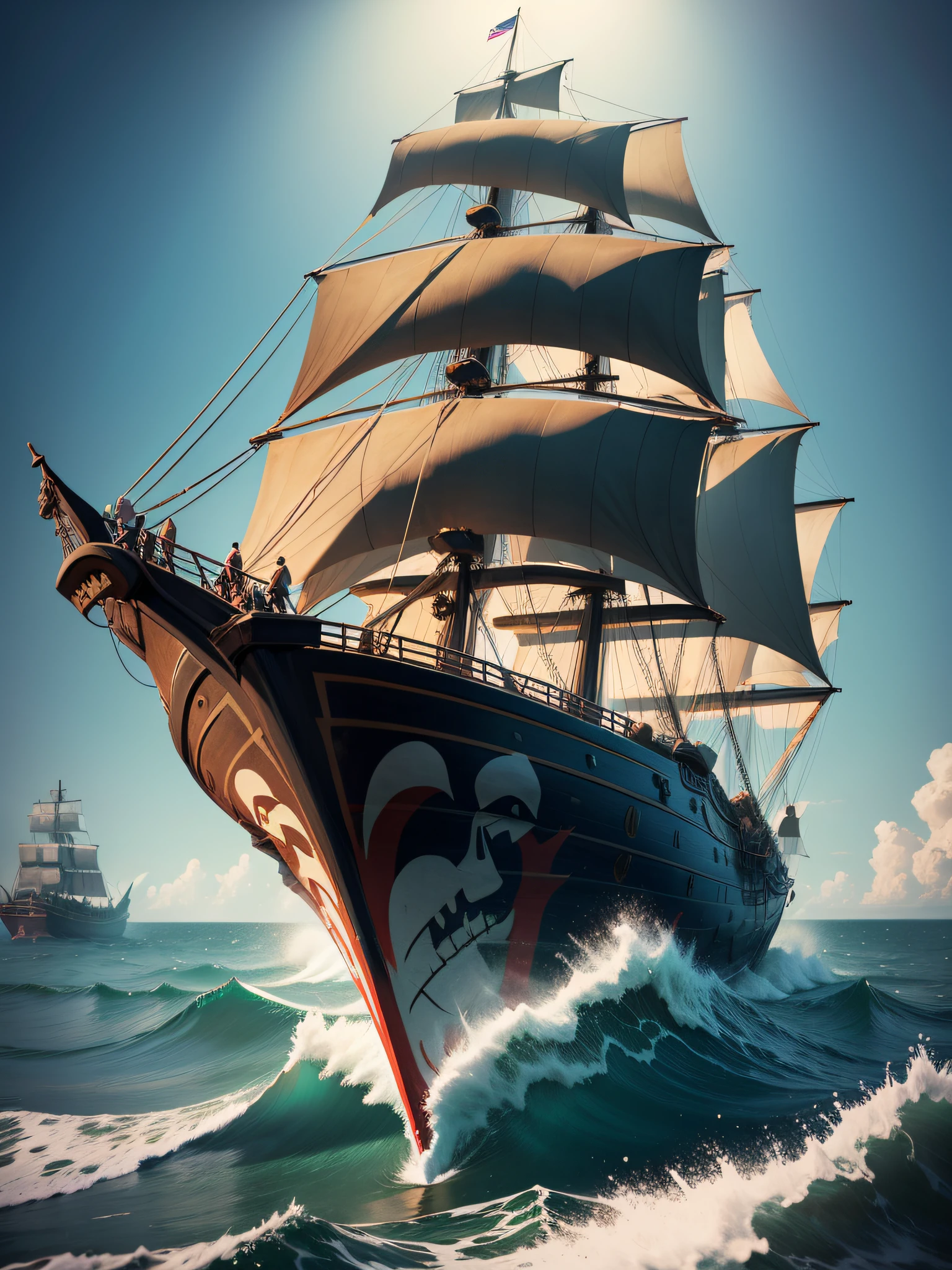 T-shirt print style vector image of a pirate ship on the high seas in the background, a jack sparow style pirate just face the front of the image, image without background, white background, vivid colors realistic 3d style, detailed image