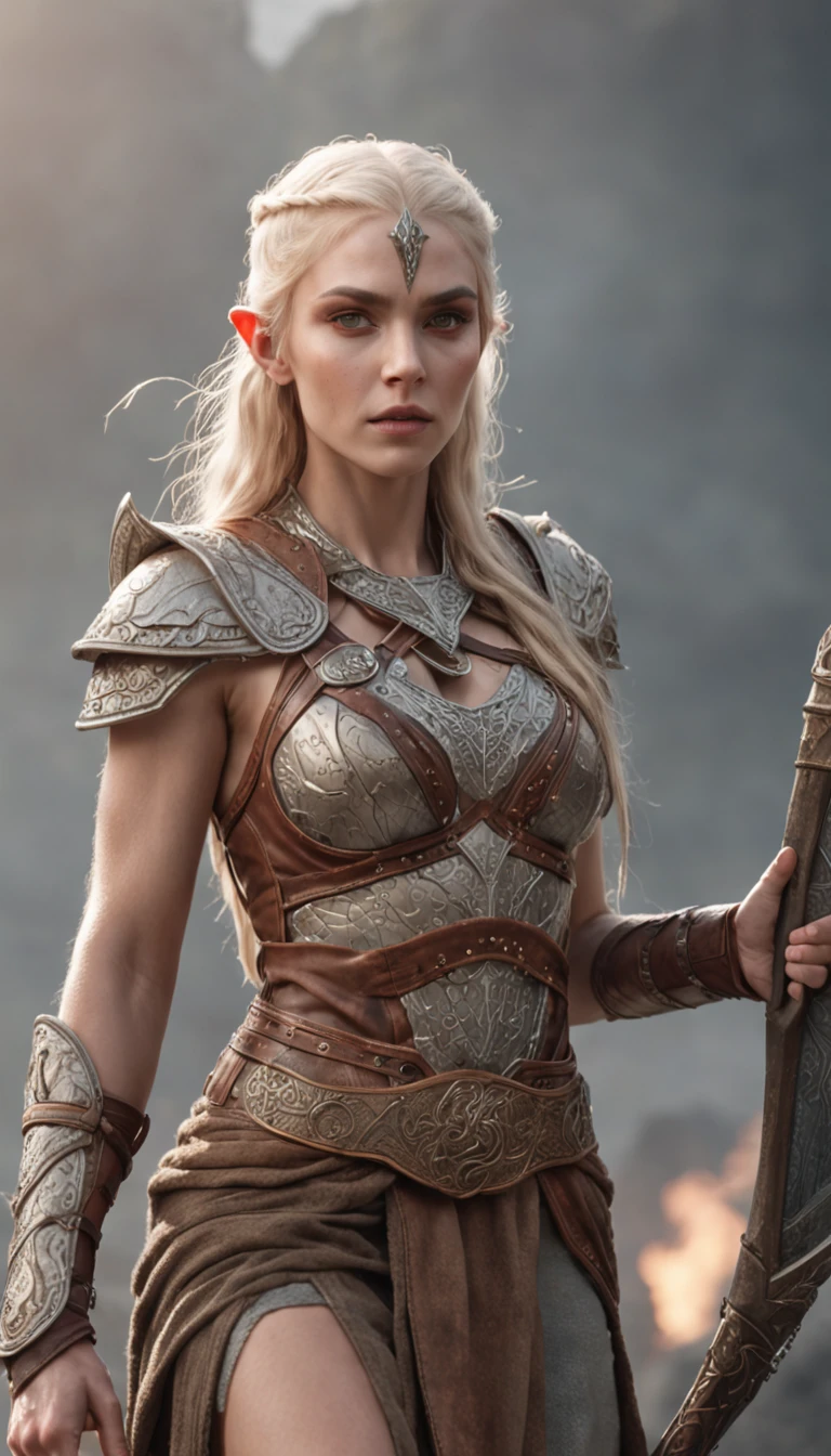 A realistic prompt for a photograph of an elven warrior with the appearance of a Viking. Her body is incredibly defined, muscular, and feminine, reflecting both strength and grace. Her blonde hair cascades in multiple braids, adorned with intricate details. Her clear green eyes emit a radiant energy, giving her an almost otherworldly aura. Her thick and precisely shaped eyebrows frame her striking and perfectly symmetrical face. The elven warrior is clad in armor that accentuates her physique while allowing for fluid movement. The attire hugs her body, emphasizing her powerful form. Her expression is one of solemn determination, reflecting her readiness for battle. In the background, an active volcano spews fiery plumes, its molten intensity contrasting with the grey sky above. The landscape, with its dynamic and fierce elements, serves as a fitting backdrop to this formidable warrior. The tumultuous surroundings mirror the intensity and strength that emanate from the elven Viking. The chosen camera captures the warrior's entire body, showcasing both her warrior-like stance and her inherent elegance. The image conveys the seamless blend of beauty, power, and fierceness that defines this elven Viking. The contrast between her delicate features and her robust physique, combined with the fiery backdrop, creates an image that is both captivating and evocative, Cinematic, Hyper-detailed, insane details, Beautifully color graded, Unreal Engine, DOF, Super-Resolution, Megapixel, Cinematic Lightning, Anti-Aliasing, FKAA, TXAA, RTX, SSAO, Post Processing, Post Production, Tone Mapping, CGI, VFX, SFX, Insanely detailed and intricate, Hyper maximalist, Hyper realistic, Volumetric, Photorealistic, ultra photoreal, ultra-detailed, intricate details, Super detailed, Full color, Volumetric lightning, HDR, Realistic, Unreal Engine, 16K, Sharp focus, Octane render