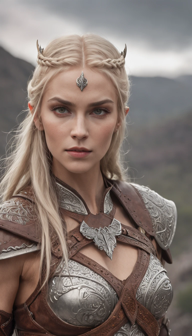 A realistic prompt for a photograph of an elven warrior with the appearance of a Viking. Her body is incredibly defined, muscular, and feminine, reflecting both strength and grace. Her blonde hair cascades in multiple braids, adorned with intricate details. Her clear green eyes emit a radiant energy, giving her an almost otherworldly aura. Her thick and precisely shaped eyebrows frame her striking and perfectly symmetrical face. The elven warrior is clad in armor that accentuates her physique while allowing for fluid movement. The attire hugs her body, emphasizing her powerful form. Her expression is one of solemn determination, reflecting her readiness for battle. In the background, an active volcano spews fiery plumes, its molten intensity contrasting with the grey sky above. The landscape, with its dynamic and fierce elements, serves as a fitting backdrop to this formidable warrior. The tumultuous surroundings mirror the intensity and strength that emanate from the elven Viking. The chosen camera captures the warrior's entire body, showcasing both her warrior-like stance and her inherent elegance. The image conveys the seamless blend of beauty, power, and fierceness that defines this elven Viking. The contrast between her delicate features and her robust physique, combined with the fiery backdrop, creates an image that is both captivating and evocative, Cinematic, Hyper-detailed, insane details, Beautifully color graded, Unreal Engine, DOF, Super-Resolution, Megapixel, Cinematic Lightning, Anti-Aliasing, FKAA, TXAA, RTX, SSAO, Post Processing, Post Production, Tone Mapping, CGI, VFX, SFX, Insanely detailed and intricate, Hyper maximalist, Hyper realistic, Volumetric, Photorealistic, ultra photoreal, ultra-detailed, intricate details, Super detailed, Full color, Volumetric lightning, HDR, Realistic, Unreal Engine, 16K, Sharp focus, Octane render