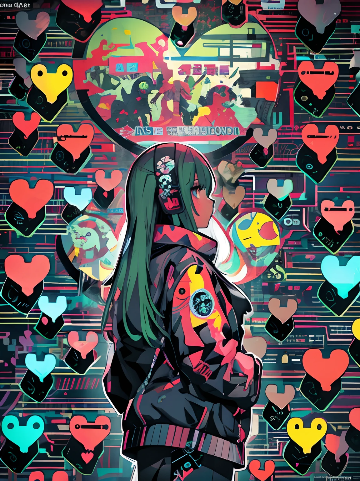 There is a woman standing with a heart in front of the wall, anime cyberpunk art, cyberpunk anime art, Digital Cyberpunk Anime Art, digital art from danganronpa, cyberpunk art style, Cyberpunk Anime Girl, digital cyberpunk - anime art, cyberpunk themed art, Love concept art, female cyberpunk anime girl, Alice in Wonderland Cyberpunk, Cyberpunk Art, cyberpunk anime girl in hoodie