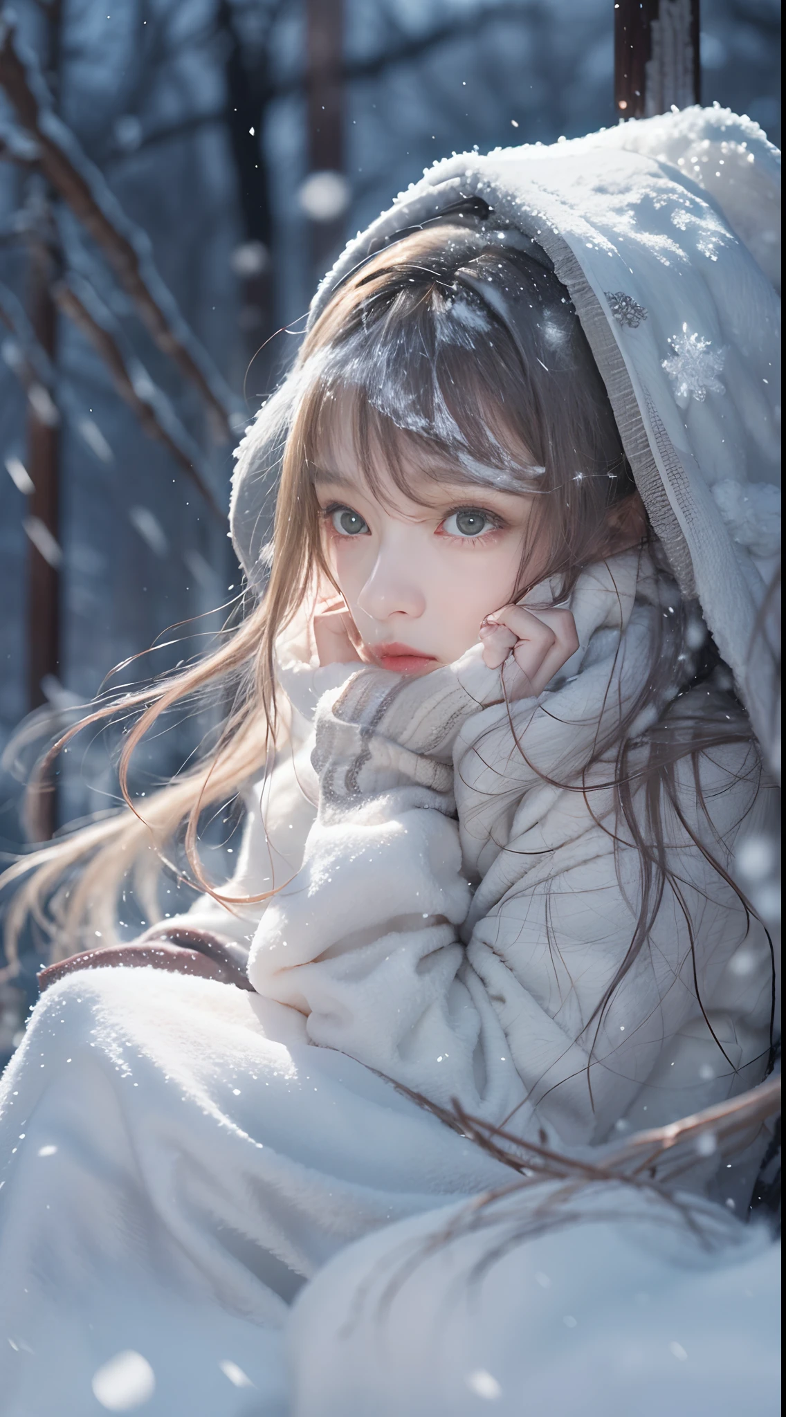 Arafed woman in a white coat sitting in the snow - SeaArt AI
