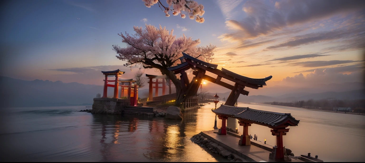 verism style，real photograph，（photore：2），eventide，Burning clouds，Huge torii，Glowing cherry blossom tree，Rich layers，Highly meticulous，Rich in detail，Excellent quality