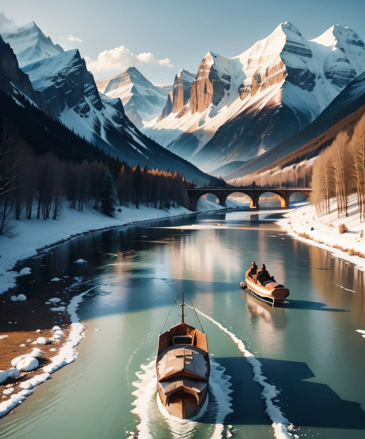 Mountains covered in snow and ice in the distance,A river runs through it, Majestic nature, beatiful mountain background, scenic mountain setting, rocky mountains and a river, mountains river trees, Detailed scenery —width 672, beautiful mountains, Mountains and rivers, ,mountainous setting, breathtaking mountains, very beautiful scenery, natural landscape beauty,Mountains and rivers,There are boats on the river,(das boot:1.5),