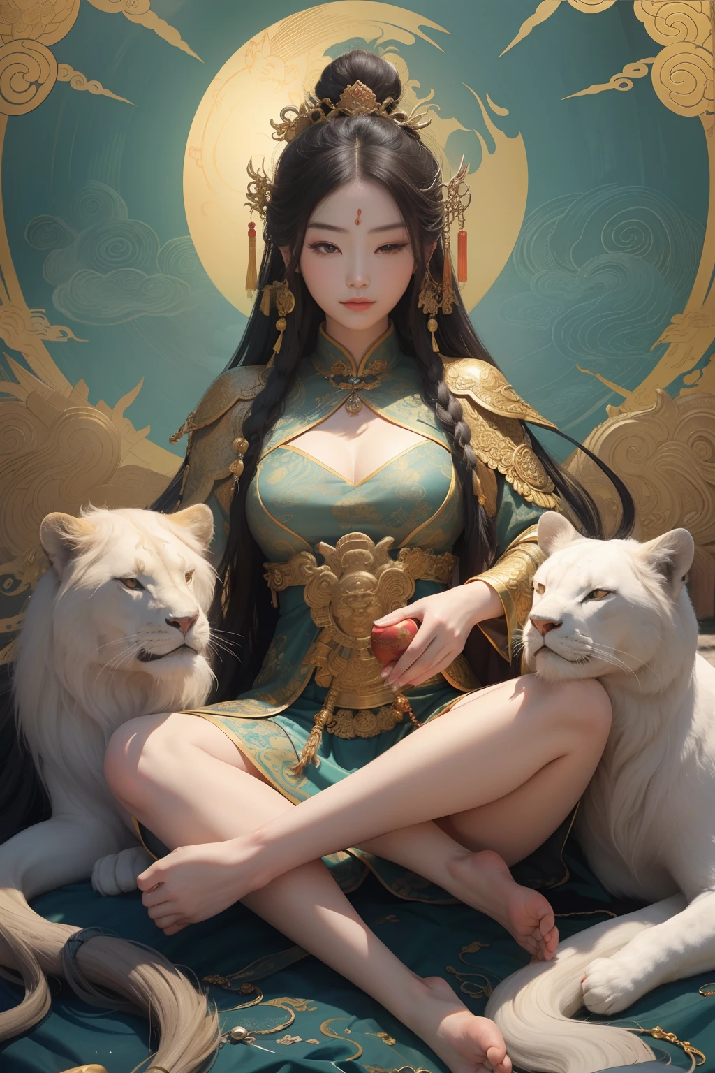 an ancient Chinese goddess, guanyin of the southern seas, Guanyin, Inspired by China, Avalokiteshvara rides a lion，,Serene expression,shui mo hua,Buddha,Buddhist,Lotus,Chinese painting style,Thangka style
