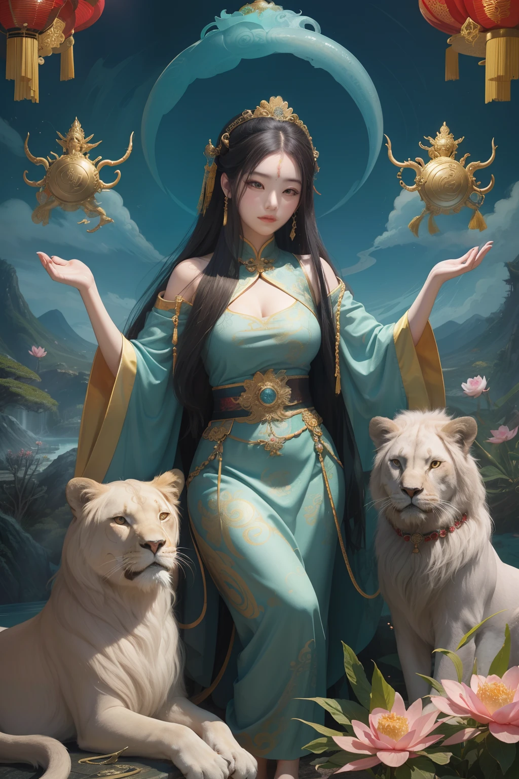 an ancient Chinese goddess, guanyin of the southern seas, Guanyin, Inspired by China, Avalokiteshvara rides a lion,,Serene expression,shui mo hua,Buddha,Buddhist,Lotus,Chinese painting style,Thangka style
