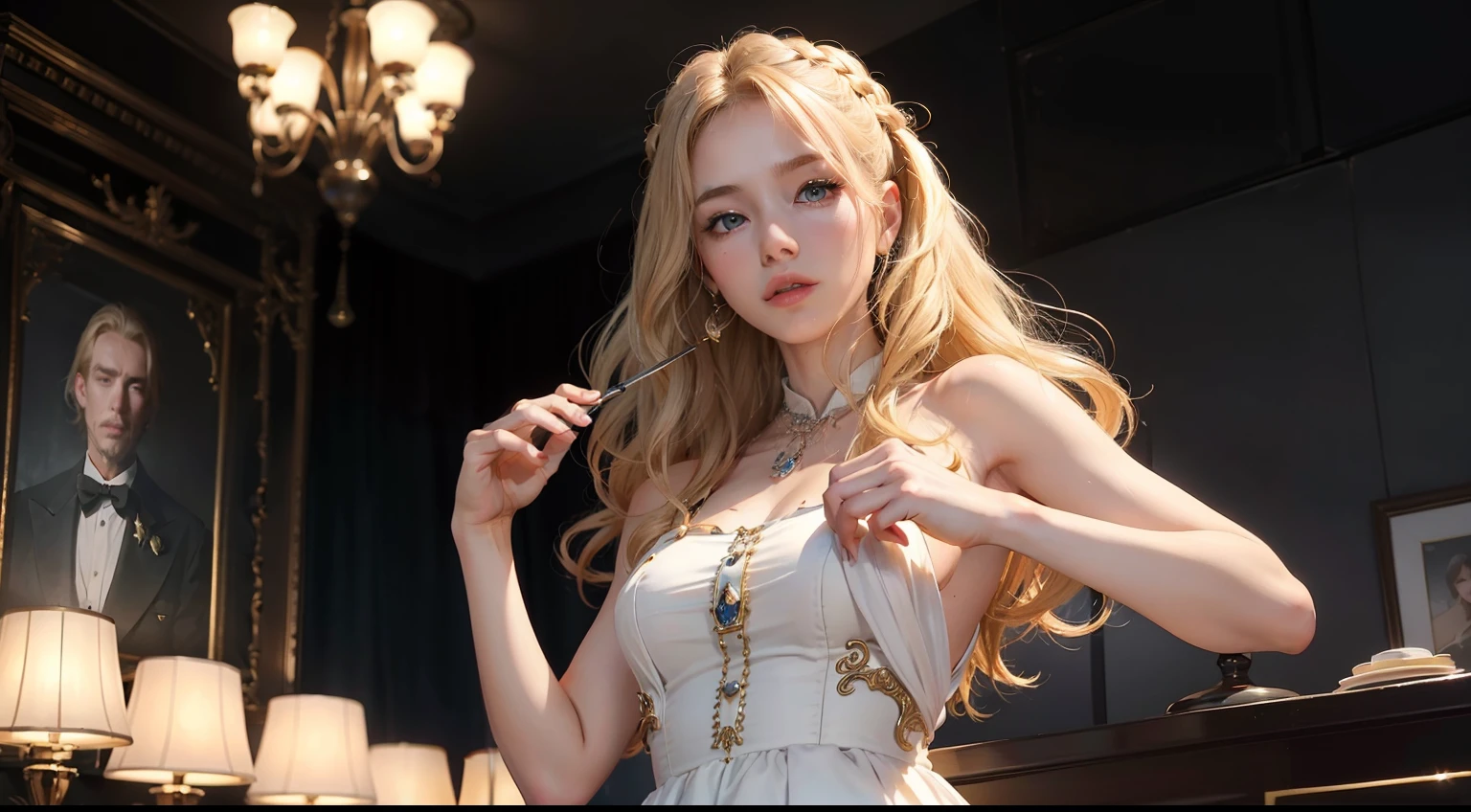 (realisitic,Photorealsitic:1.4),(1 Beauty:1.3),(beautiful countenance:1.5),Detailed shiny skin,A detailed eye,Precise hands and fingers,8K HDR, , masterpiece, (Dynamic angle footage),电影灯光, Finely drawn backgrounds,(The dim,dramatic lighting,No sunlight,near the ocean)beautiful caucasian,Dress calmly,blondehair,Aristocratic hairstyles,Paris,hotel,being thin,Futomo,
