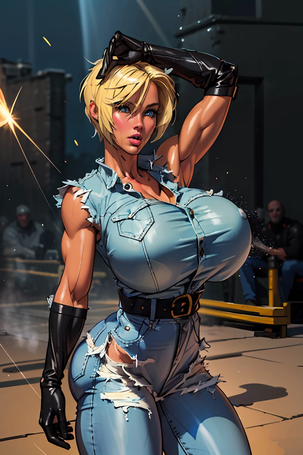 (((1 girl,  cute, (gigantic breasts:1.2), denim jacket, white arm sleeves, black top, jeans,  black Gloves, blond, short hair, pixiecut,  side parted hair, blue eyes))), (((blond hair))), 
dynamic poses, manga style, depicting a group of characters in various action scenes, from intense battles to lighthearted moments, with dramatic speed lines and bold sound effects, capturing the excitement and energy of the story, Laser rays from the palm of hand, yellowstone park, Grand Canyon,