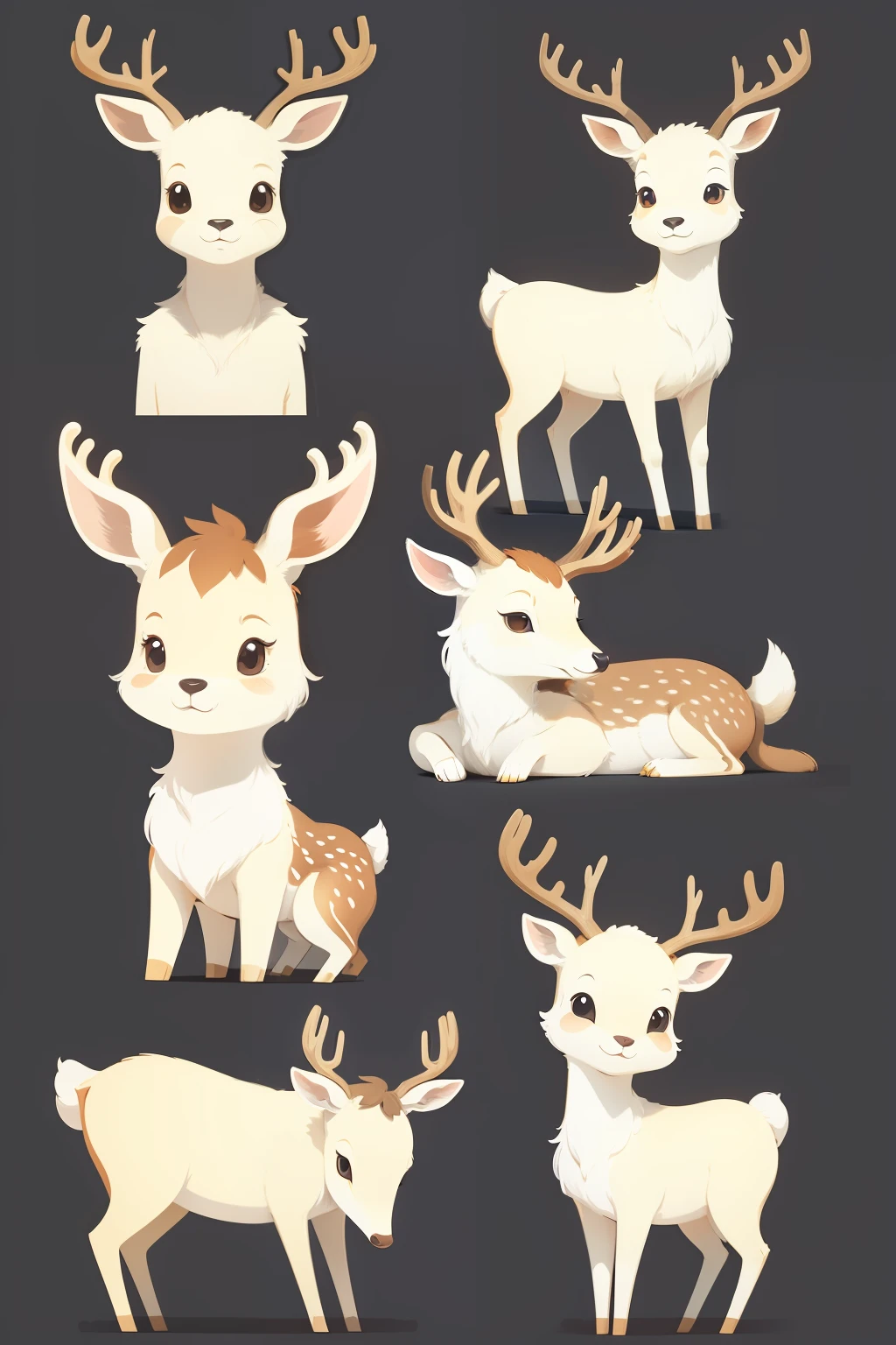 Deer character, various poses and expressions on white background, Children's book illustration style, simple,  Tiere