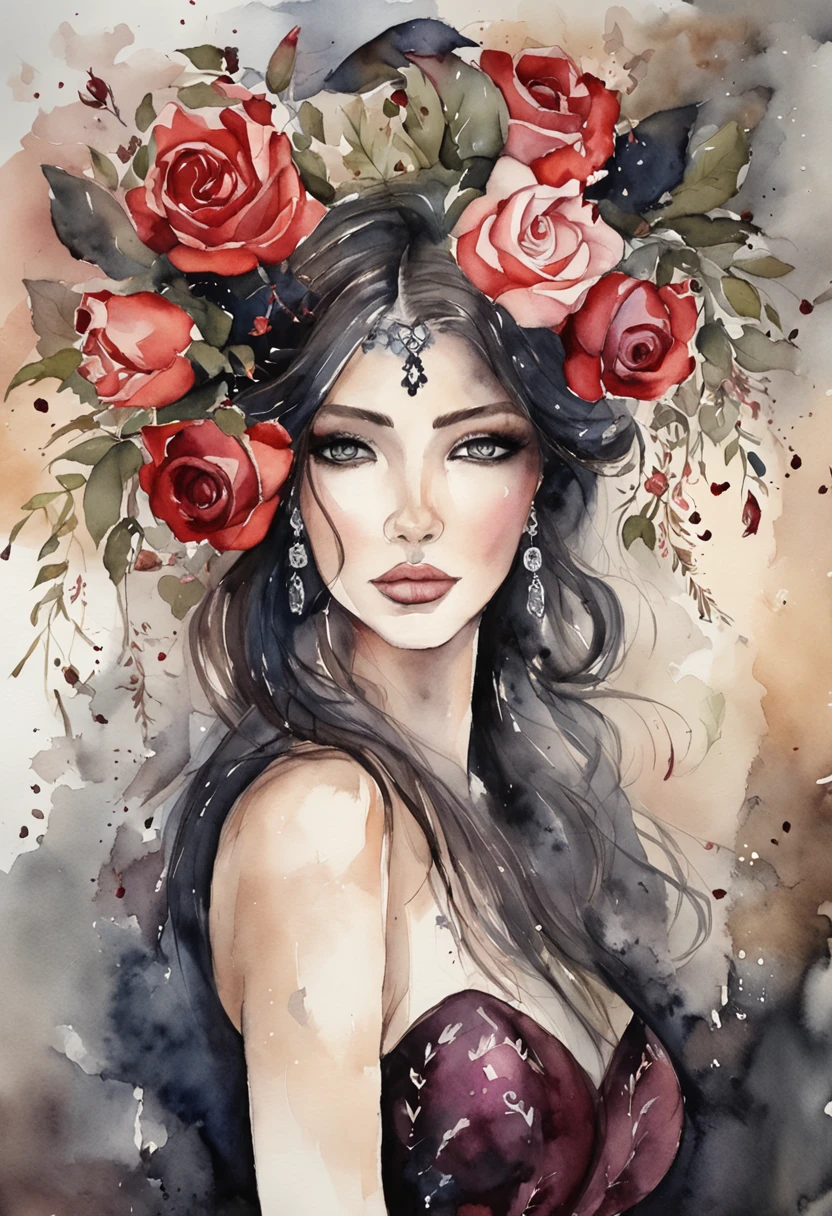 Dark Queen, in black suit dress, dark roses, Luxurious
