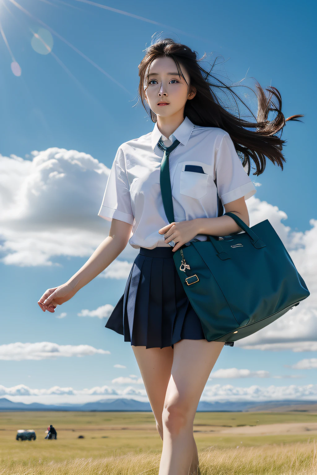 In the endless grasslands of Iceland,A beautiful woman is running,in school uniform,Carrying a canvas bag,One long hair,with fair skin,There are blood marks on the face,Above is a vast blue sky,There are white clouds in the sky,Below is an endless green grassland,fanbingbing,Yang Mi,Di Li Gerba,Guli Naza