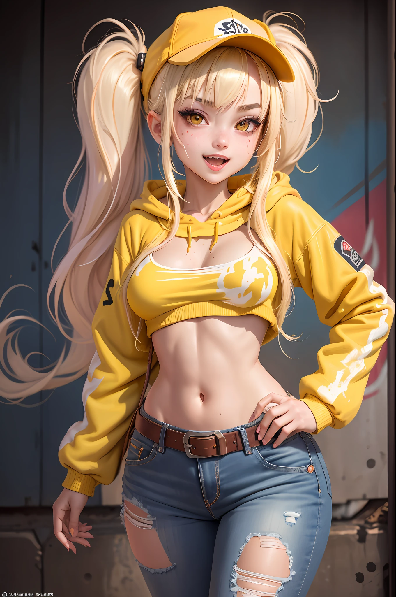 Original Character, Volumetric Lighting, Best Shadows, Shallow Depth of Field, Portrait Of Stunningly Beautiful Girl, Petite, Delicate Beautiful Attractive Face With Alluring Yellow Eyes, Messy Painted Face, Sharp Eyebrows, Broadly Smiling, Open Mouth, Fangs Out, Lovely Medium Breasts, Layered Long Twintail Blond Hair, Blush Eyeshadow, Thick Eyelashes, Applejack Hat, Oversized Pop Jacket, Mini Underboob Tee, Open Navel, Slim Waist, Denim Jeans Pants, With Buckle Belt, In The Graffiti Alley, Waste Container, Outside Stairs, Outdoor Unit, Holding Spray Paint Can, Standing, (Highest Quality, Amazing Details:1.25), (Solo:1.3), Brilliant Colorful Paintings