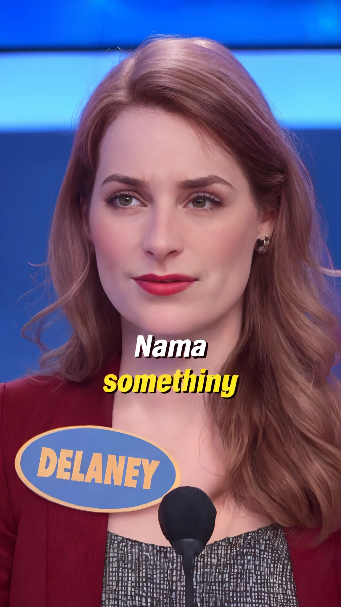 a close up of a woman with a microphone and a name tag, i mean, italian looking emma, delunay, felicia day, award-winning snl skit, pronounced cheekbones, sarah, sneering, meme template, denning, delicate, she has a distant expression, defined, very detaied, lina, she has a cute expressive face