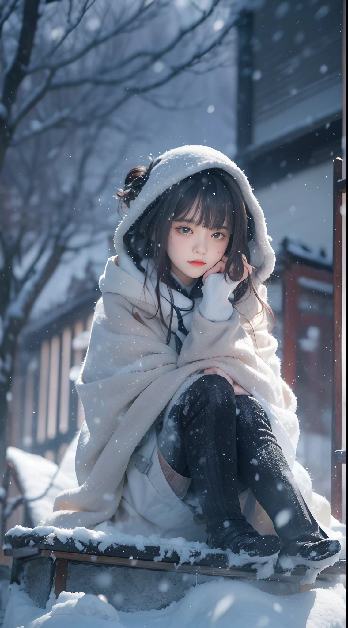 ((Works of masters))，(超高分辨率)，1 girl,Glowing eyes，Tears of sadness， Sitting, Lolita costume，Cloak (Snow, Snow，Outdoor activities in winter:1.2),