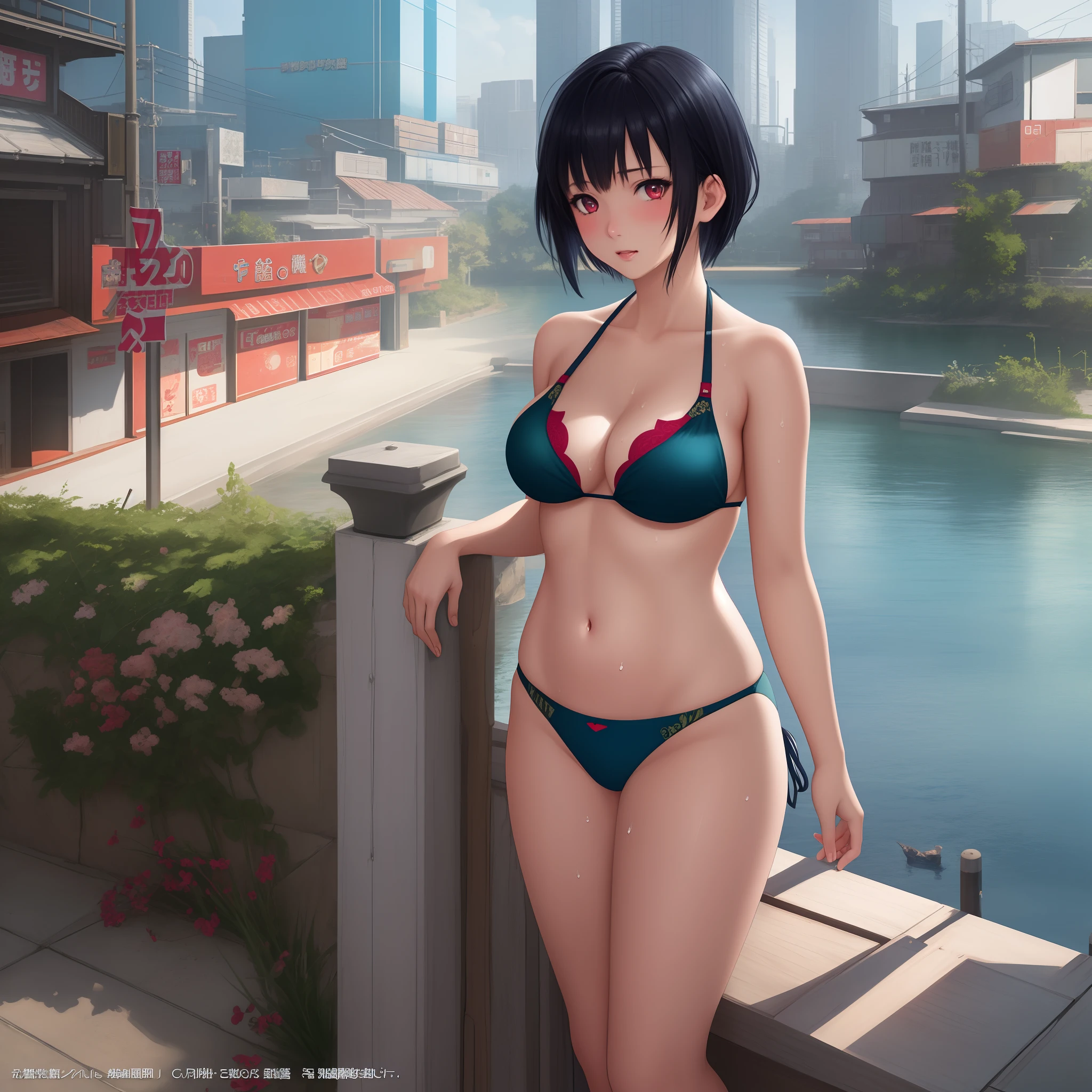 cyberpunk lake, beaultiful bikini, short hair, ecchi, black hair, red eyes, little cute girl, full body portrait, soft skin photorealist, 8k, sweat, blushing, beautiful environmental wide shot, cinematic lighting delicate features finely detailed perfect face flushed gaze, gapmoe, trending on pixiv fanbox, painted by akihiko yoshida from bbwchan, detailed, hyper, intricate, wonderful, accuracy, amazing, wonder, finely, super, exquisitely, {{{masterpiece}}}, {{{best quality}}}, {{ultra-detailed}}, {cinematic lighting}, {illustration},