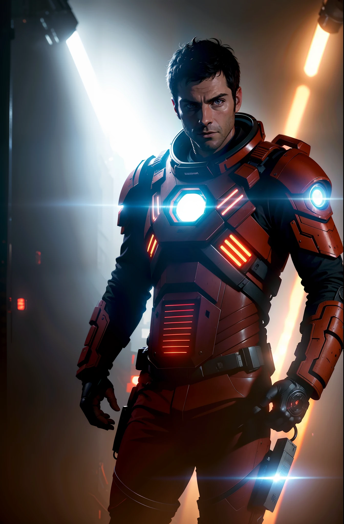 Sci Fi Horror Dead Space David Giuntoli on Ishimura Haunted Space Ship, electronic circuits hanging loose in background dark red lighting, high contrast, shiny skin, backlighting, chromatic aberration, sharp focus, photography, natural light, photorealism, cinematic rendering, ray tracing, the highest quality, the highest detail, Cinematic, Third-Person View, Blur Effect, Long Exposure, 8K, Ultra-HD, Natural Lighting, Moody Lighting, Cinematic Lighting