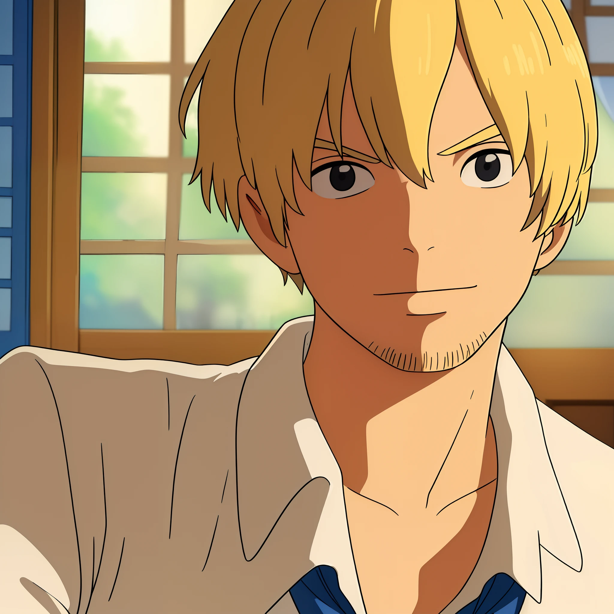 ((best quality)), ((masterpiece)), ((detailed background)), ((high quality illustration)), 1boy, wanostyle, sanji, blonde hair, bangs covering one eye, curly eyebrows, male focus, solo, indoors, collared shirt, upper body, close-up, shirt, bangs, black eyes, jacket, facial hair, long sleeves, necktie, miyazaki hayao