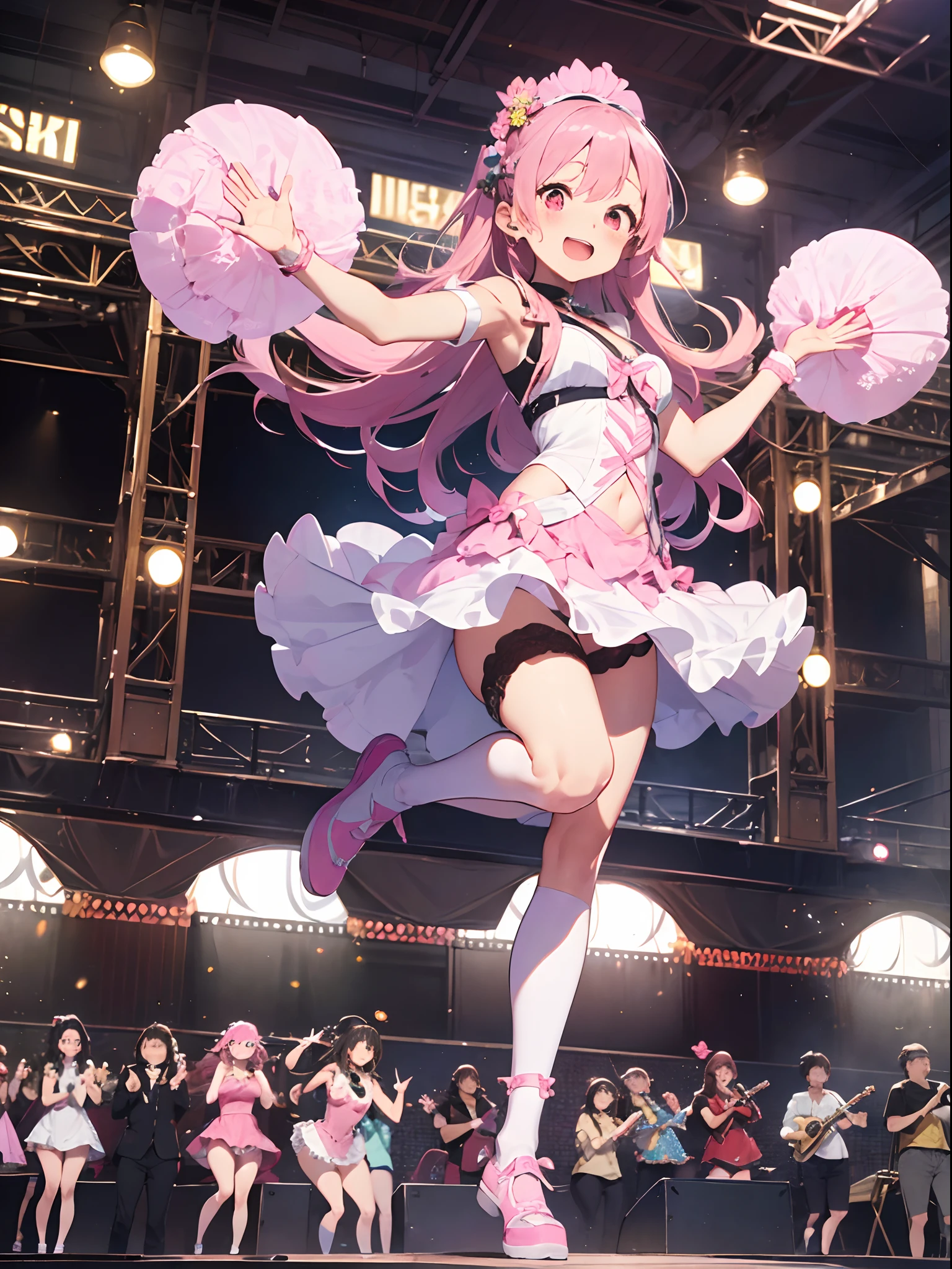 (highest quality) ++, (masterpiece) ++, (very detailed) ++, 8K, (full body), (((pink long hair)), bandstand, dancing on stage, waving, idol costumes, white costumes, jumping, winking.