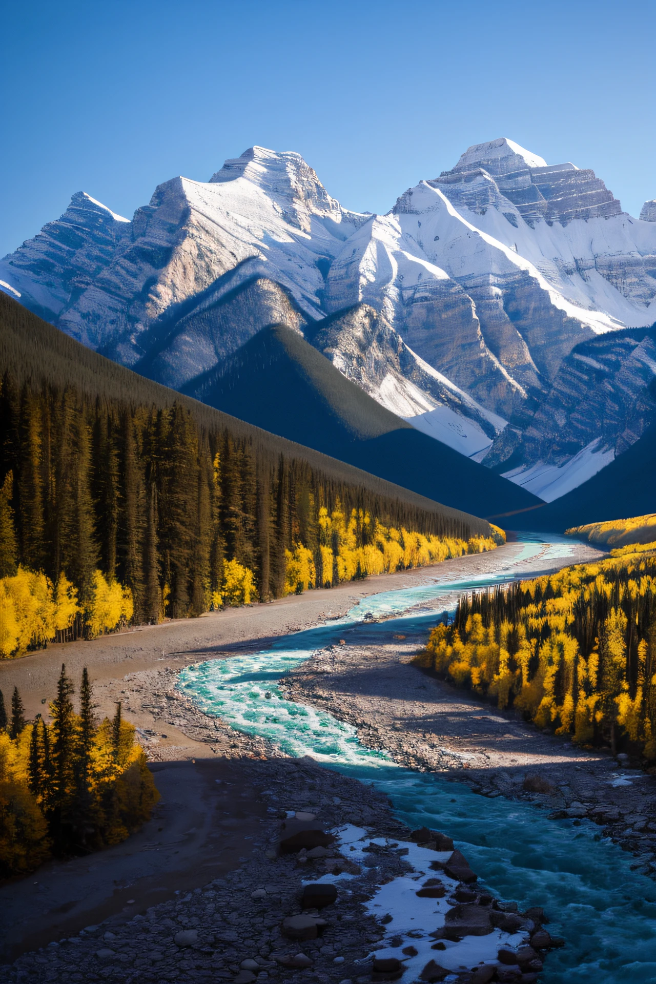Mountains covered in snow and ice in the distance,A river runs through it, Majestic nature, beatiful mountain background, scenic mountain setting, rocky mountains and a river, mountains river trees, Detailed scenery —width 672, beautiful mountains, Mountains and rivers, banff national park, mountainous setting, breathtaking mountains, very beautiful scenery, natural landscape beauty