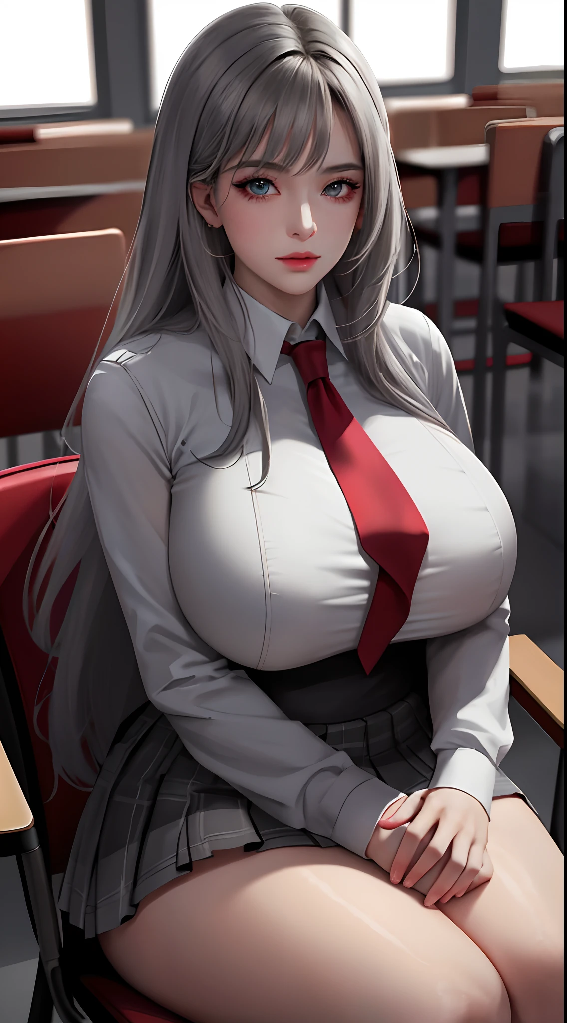 masterpiece, best quality, high quality, High definition, High quality texture, High quality shadow, high detail, realistic, Cinematic Light, side lighting, Lens Flare, Ray tracing, sharp focus, (1girl, low-shot , sitting on a chair, none expression, holding a clan , huge breasts , thick thighs , student uniform , grey hair , breasts squeeze :1.3), (intricate details, makeup, PureErosFace_V1:1.0 ),