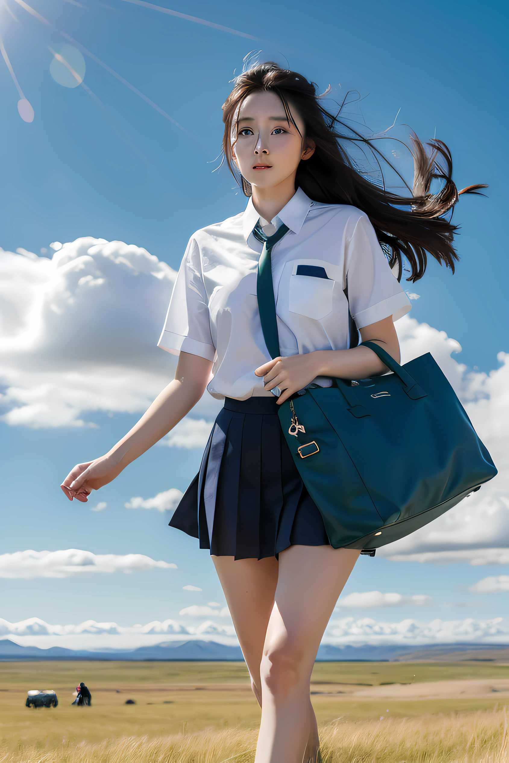 In the endless grasslands of Iceland，A beautiful woman is running，in school uniform，Carrying a canvas bag，One long hair，with fair skin，There are blood marks on the face，Above is a vast blue sky，There are white clouds in the sky，Below is an endless green grassland，fanbingbing，Yang Mi，Di Li Gerba，Guli Naza