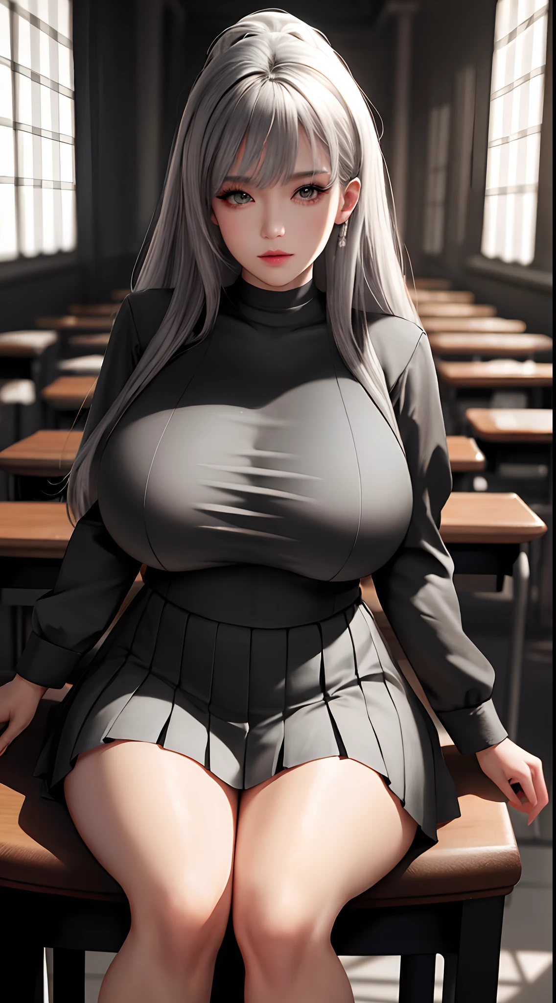 masterpiece, best quality, high quality, High definition, High quality texture, High quality shadow, high detail, realistic, Cinematic Light, side lighting, Lens Flare, Ray tracing, sharp focus, (1girl, low-shot , sitting on a chair, none expression, holding a clan , huge breasts , thick thighs , student uniform , grey hair , breasts squeeze :1.3), (intricate details, makeup, PureErosFace_V1:1.0 ),