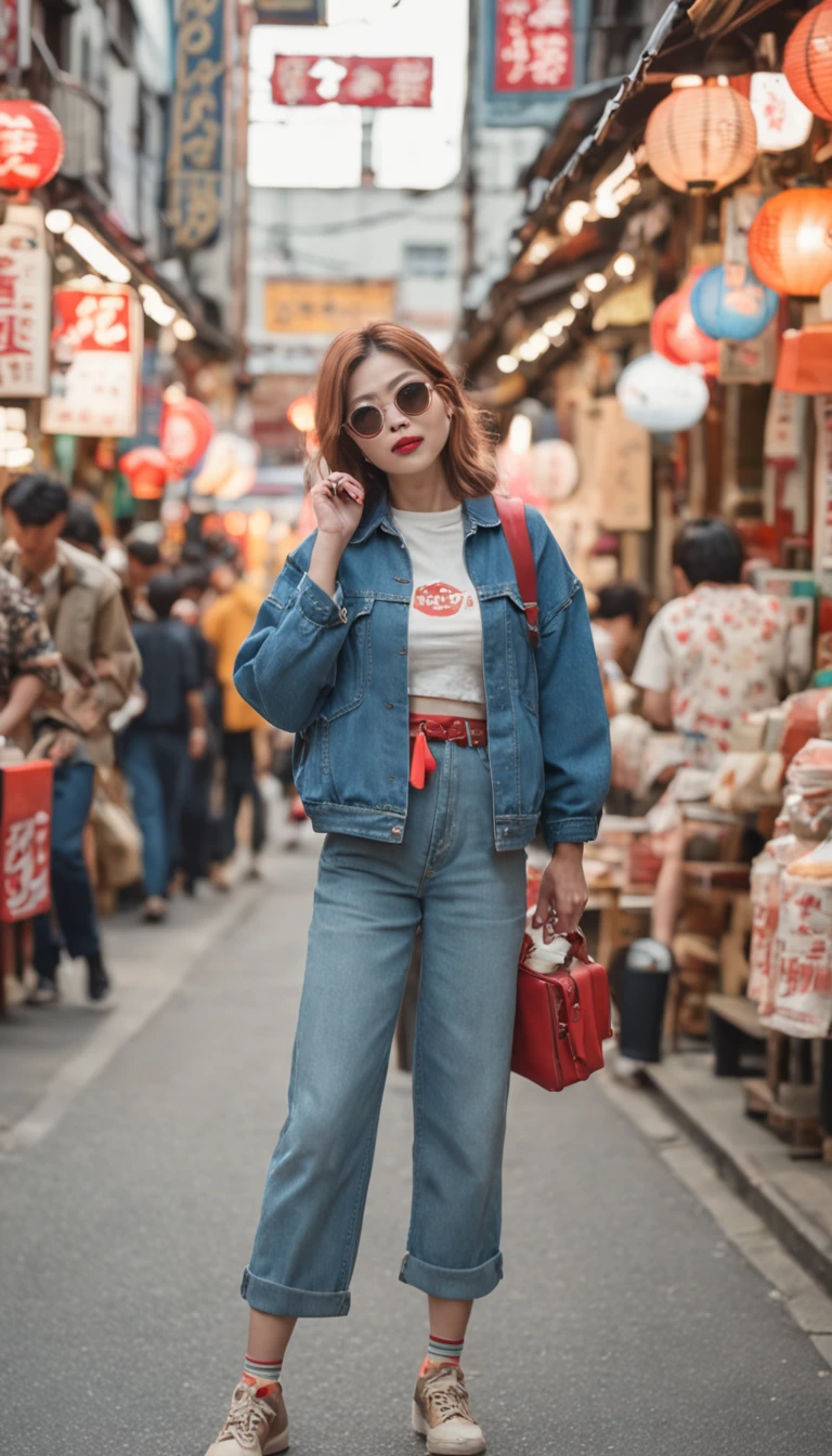 (masterpiece, street snap style:1.2), a nostalgic image capturing the essence of 1980s Japan, (dynamic urban setting:1.3), (vibrant city streets with retro signage:1.2), (pedestrians in vintage fashion:1.1), (lively atmosphere:1.2), (a bustling crowd in the background:1.1), (neon lights illuminating the scene:1.2), (old-school arcades and colorful storefronts:1.1), (authentic street food stalls:1.2), (the eclectic mix of people and cultures:1.1), (a young woman with blonde hair and retro attire:1.2), (high-waisted mom jeans:1.1), (oversized denim jacket with patches:1.2), (layered vintage T-shirts:1.1), (chunky sneakers and colorful socks:1.2), (playful accessories:1.1), (round sunglasses with tinted lenses:1.2), (a vintage film camera with a wide-angle lens:1.1), (capturing the candid moments of everyday life:1.2), (film grain and soft vignette effect:1.1), (adding a nostalgic touch:1.2), (the image exudes a retro urban vibe:1.1), (transporting viewers back in time:1.2), (a snapshot of 1980s Japanese street culture:1.1), (celebrating the fashion and spirit of the era:1.2), (immersing the audience in the charm of a bygone era:1.1).