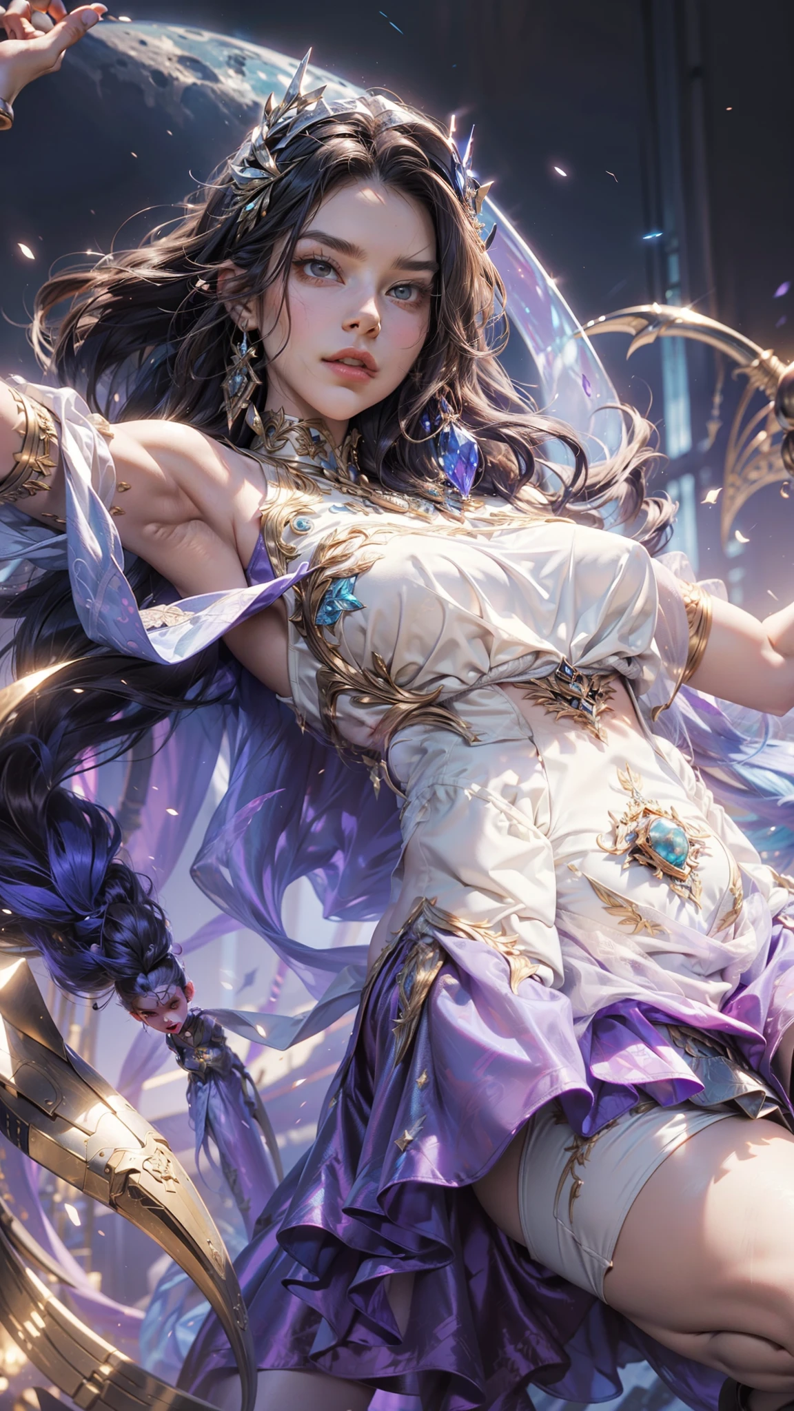 (best quality,4k,highres,masterpiece:1.2),ultra-detailed,(realistic:1.37)
A mature curvaceous Malaysian woman with her age at 40, dressed in a hijab that covers all of her hair, is standing in the center of a mystical scene. She is wearing a beautiful silk magic gown that shimmers with an otherworldly glow. The gown flows gracefully around her figure, accentuating her curves and adding an air of elegance to her presence.
The woman is a witch, strong and knowledgeable in the mystic arts. She stands confidently with her hands raised, as if channeling her magical powers. Around her, a magic circle adorns the ground with intricate symbols and glowing sigils. The circle is made from a combination of runes and arcana, pulsating with energy in vibrant colors of blues and purples.
As the woman continues her summoning, a mythical monster starts to materialize from within the magic circle. The creature is a magnificent being, towering with a majestic presence. Its body is covered in shimmering scales, reflecting the light around it in a mesmerizing display. The creature's form is a combination of various animals, with wings of an eagle, the tail of a serpent, and the head of a lion.
The scene is bathed in an ethereal light, reminiscent of moonlight casting an enchanting glow. The soft illumination illuminates the woman's face, revealing a calm and focused expression. Her eyes emit a glimmer of magic, while her lips are curved in determination.
The background is an enchanted forest, with towering trees reaching towards the sky. The forest is filled with vibrant foliage, casting shadows and adding layers of depth to the overall composition. The air is filled with an aura of mystery and anticipation, as if the entire world holds its breath in awe of the imminent manifestation.
The color palette of the scene is rich and vivid, with deep shades of blues and purples dominating the overall tone. The contrasting warm hues of the woman's gown provide a beautiful balance and creat