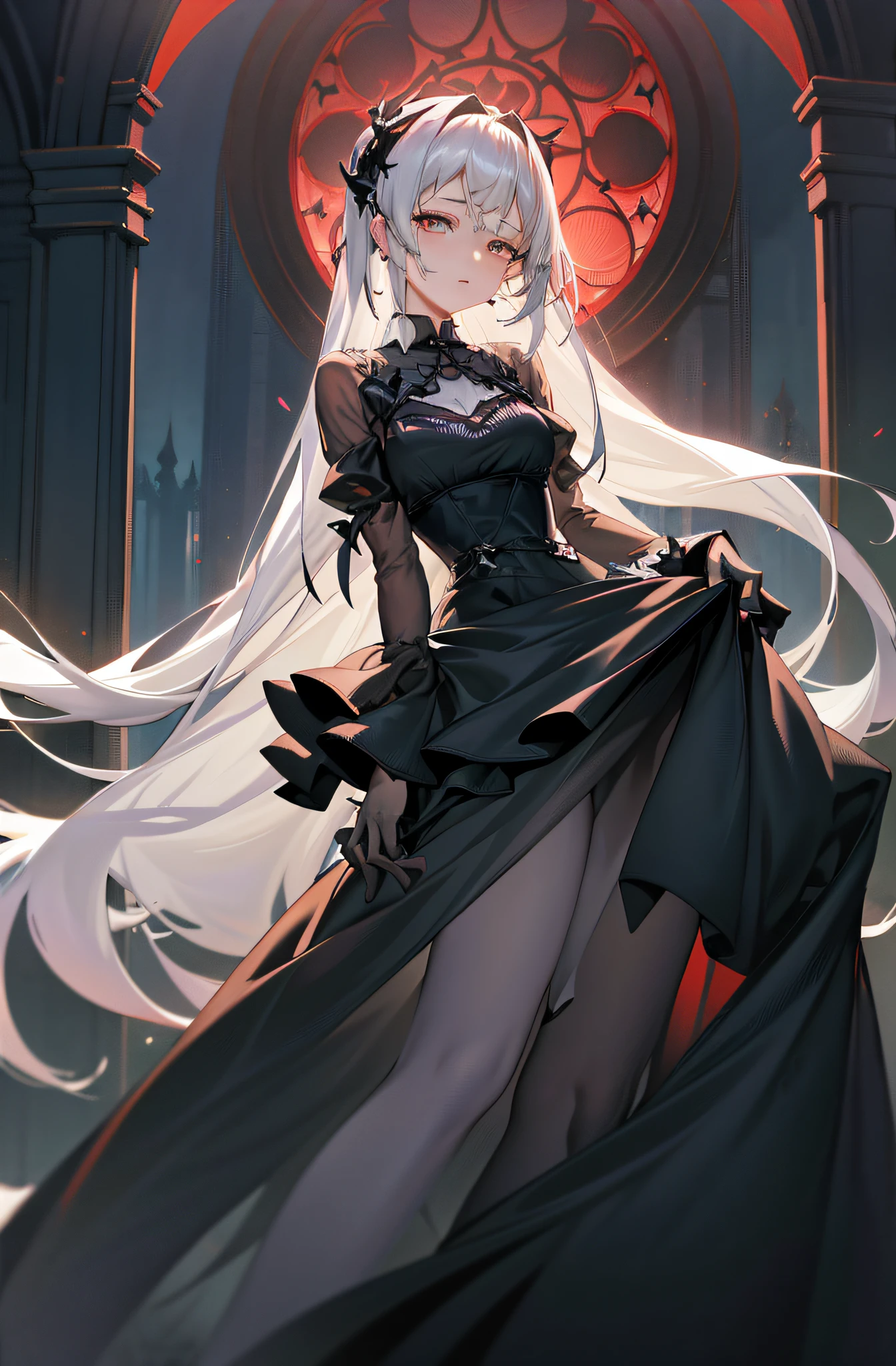 Anime girl in long black dress standing in front of colored window, Kushatt Krenz Key Art Women, trending on artstation pixiv, Anime girl wearing black dress, From Arknights, Guweiz in Pixiv ArtStation, white-haired god, gothic maiden anime girl, Guweiz on ArtStation Pixiv, zerochan art