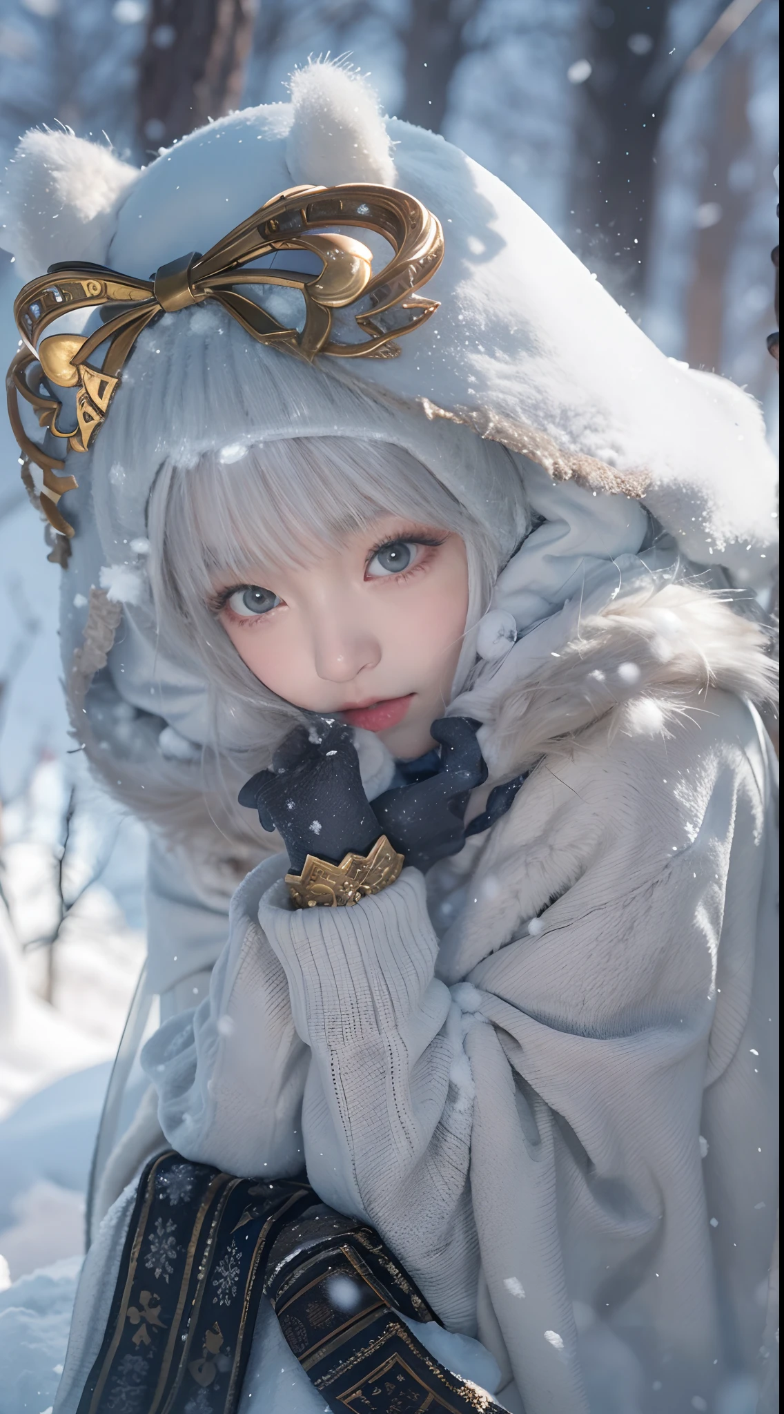((Works of masters)),(超高分辨率),1 girl,Glowing eyes,Tears of sadness, Sitting, Lolita costume,Cloak (Snow, Snow,Outdoor activities in winter:1.2),