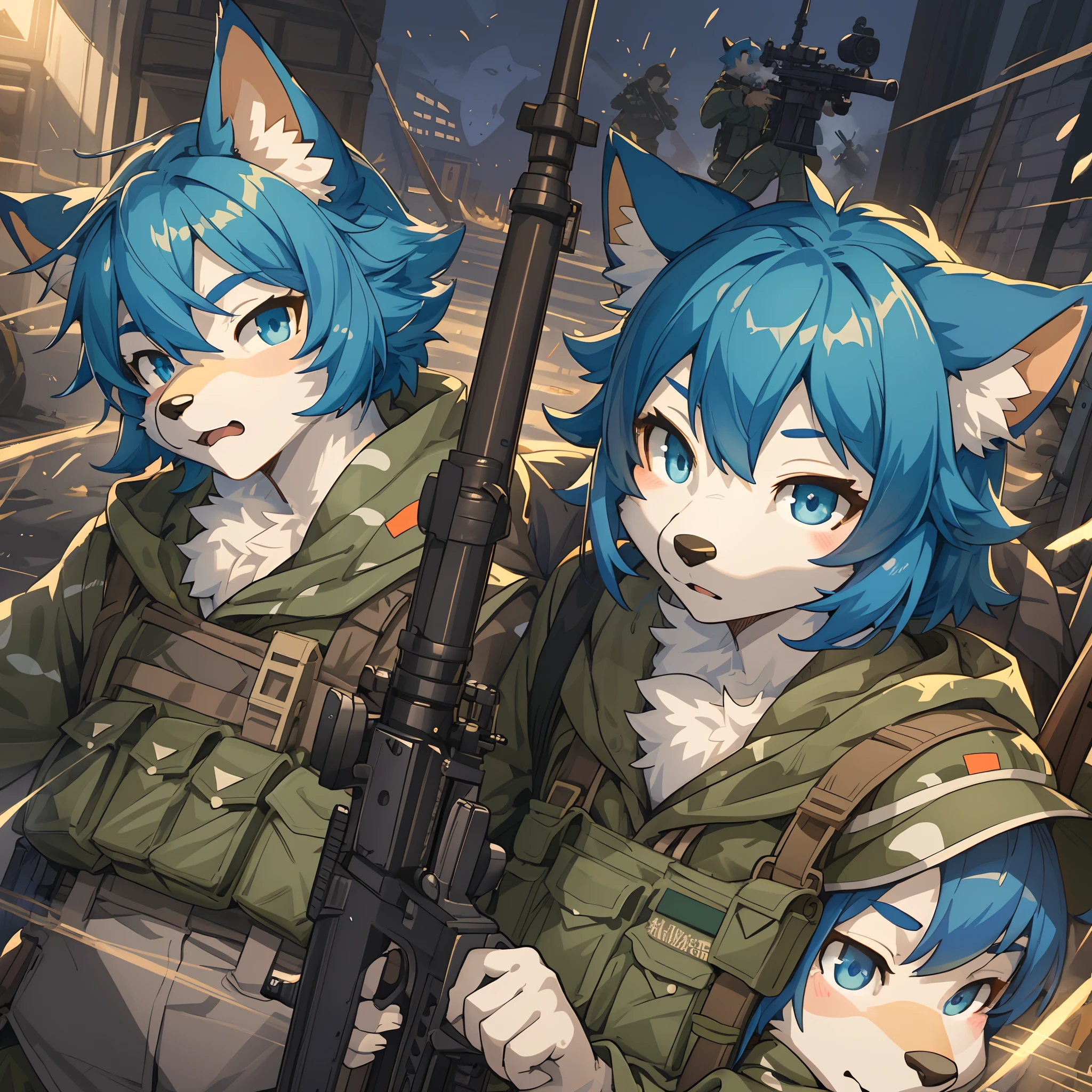 top quality, best quality, High-quality illustrations, masterpiece, super high resolution, detailed background, Military Headquarters, Maritime Self-Defense Force, rifle, sniper, battlefield, 6+boys, 6+girls, absurdres(highly detailed beautiful face and eyes)perfect anatomy, expression, good lighting, cinematic shadow(kemono, furry anthro)assorted poses, dynamic angle,
