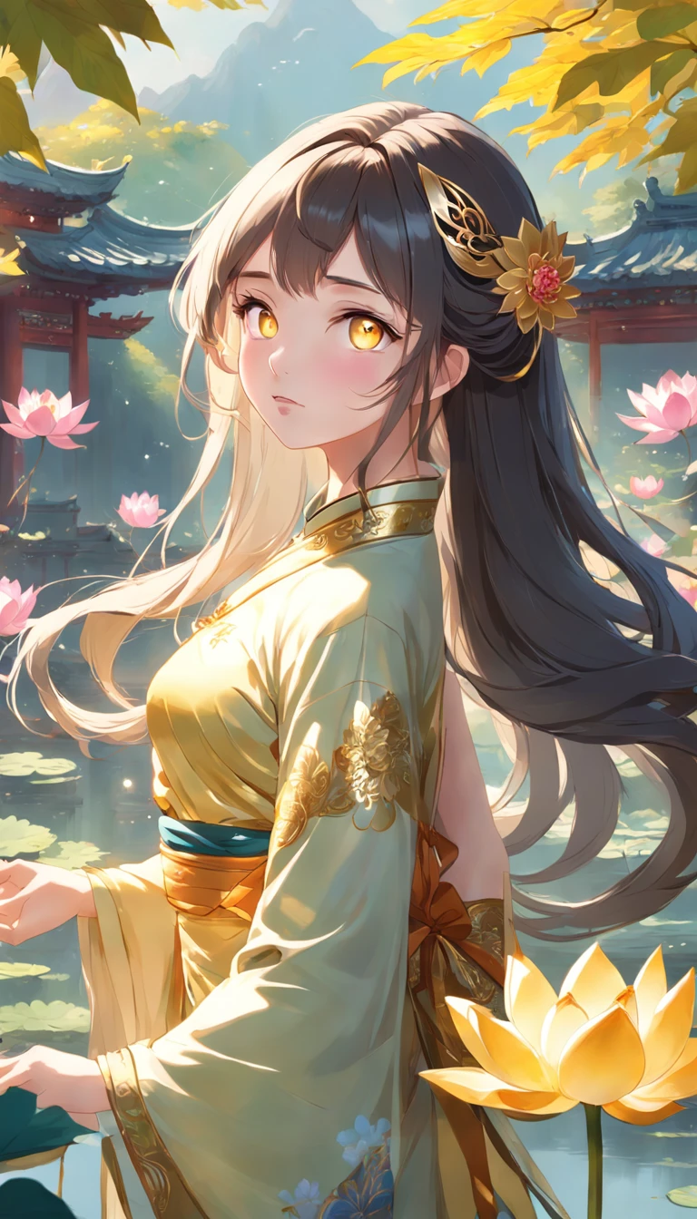 (masterpiece, Full HD, anime-style:1.4), a Chinese girl with long hair wearing a beautiful golden tiara, (eye-catching yellow eyes:1.3), adorned in a gorgeous Qipao, vibrant colors, (lotus garden:1.3), blooming lotus flowers, (colorful and stunning scenery:1.1), sunlight filtering through the leaves, midday, (captivating ambiance:1.2), serene atmosphere, (mid shot:1.2), gentle breeze, (lush greenery:1.1), delicate petals, peaceful expression, (tranquil surroundings:1.1), tranquil surroundings, (sparkling reflections:1.2), magical aura.